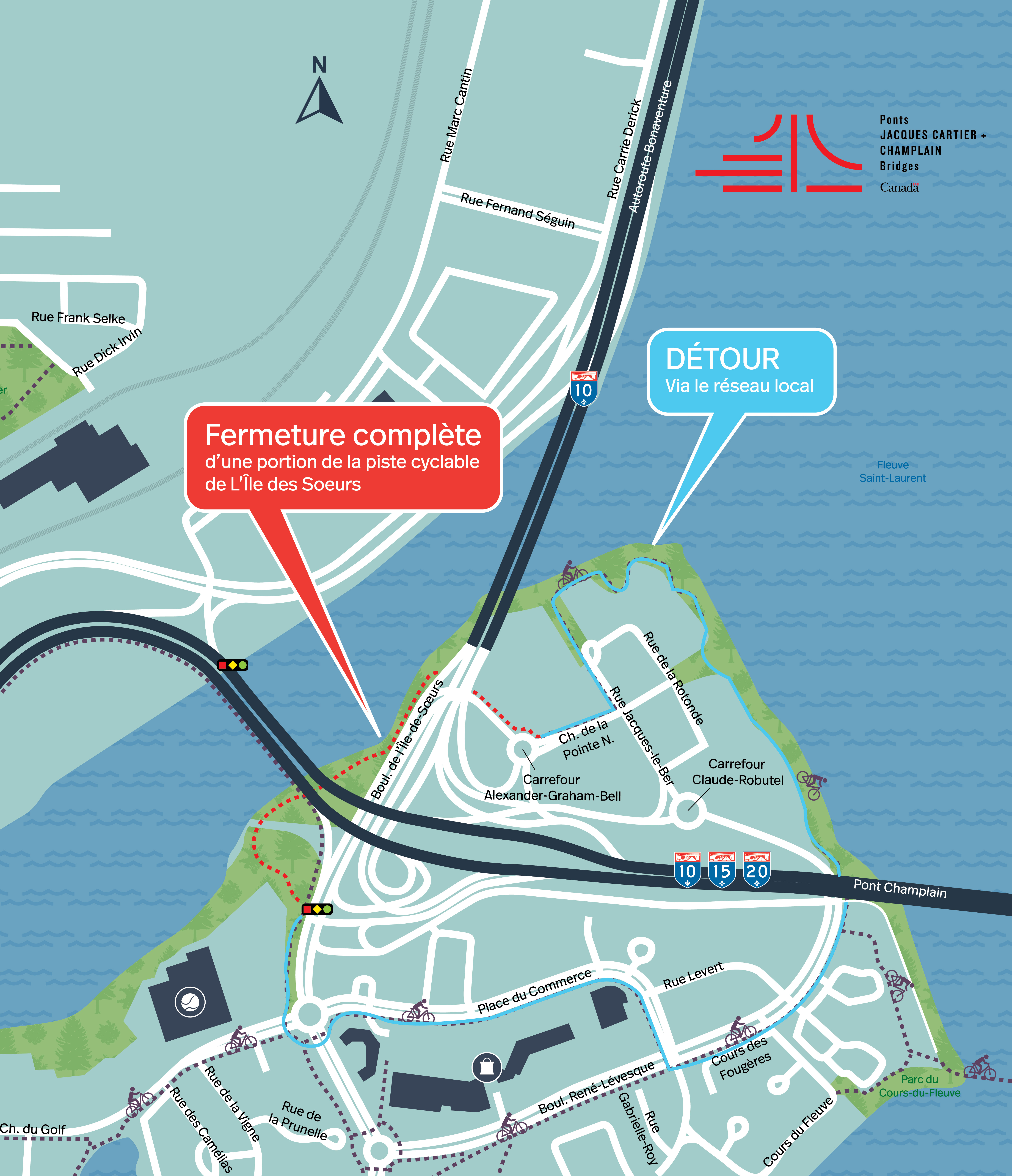 Secteur Île des Soeurs  | Fermeture complète d'une portion de la piste cyclable jusqu'à mai 2024