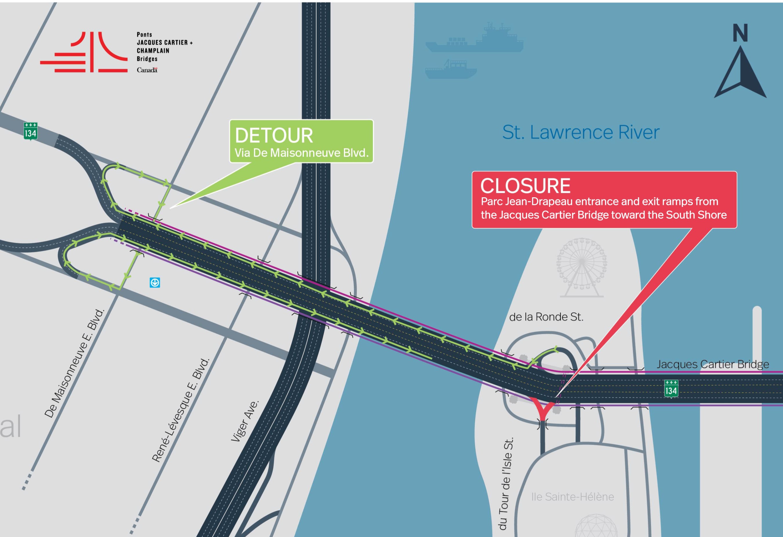 Jacques-Cartier Bridge | Complete night closure of the access ramp to Parc Jean-Drapeau toward the South Shore on February 7