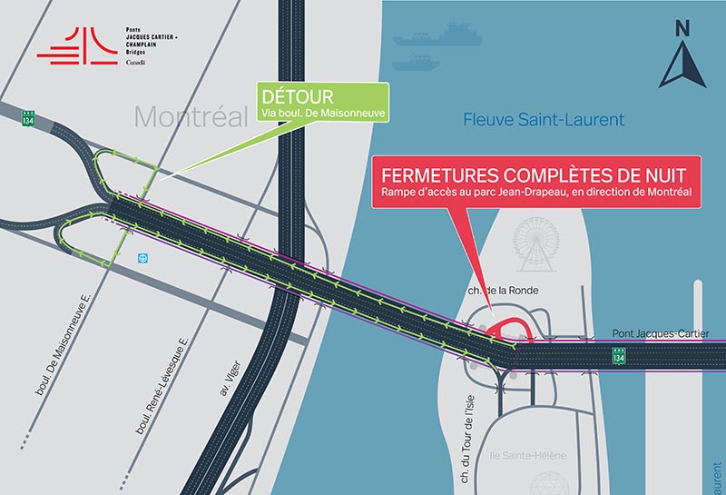 REPORT DES TRAVAUX - Pont Jacques-Cartier | Fermeture complète de nuit de la bretelle du parc Jean-Drapeau en direction Montréal, le 21 février