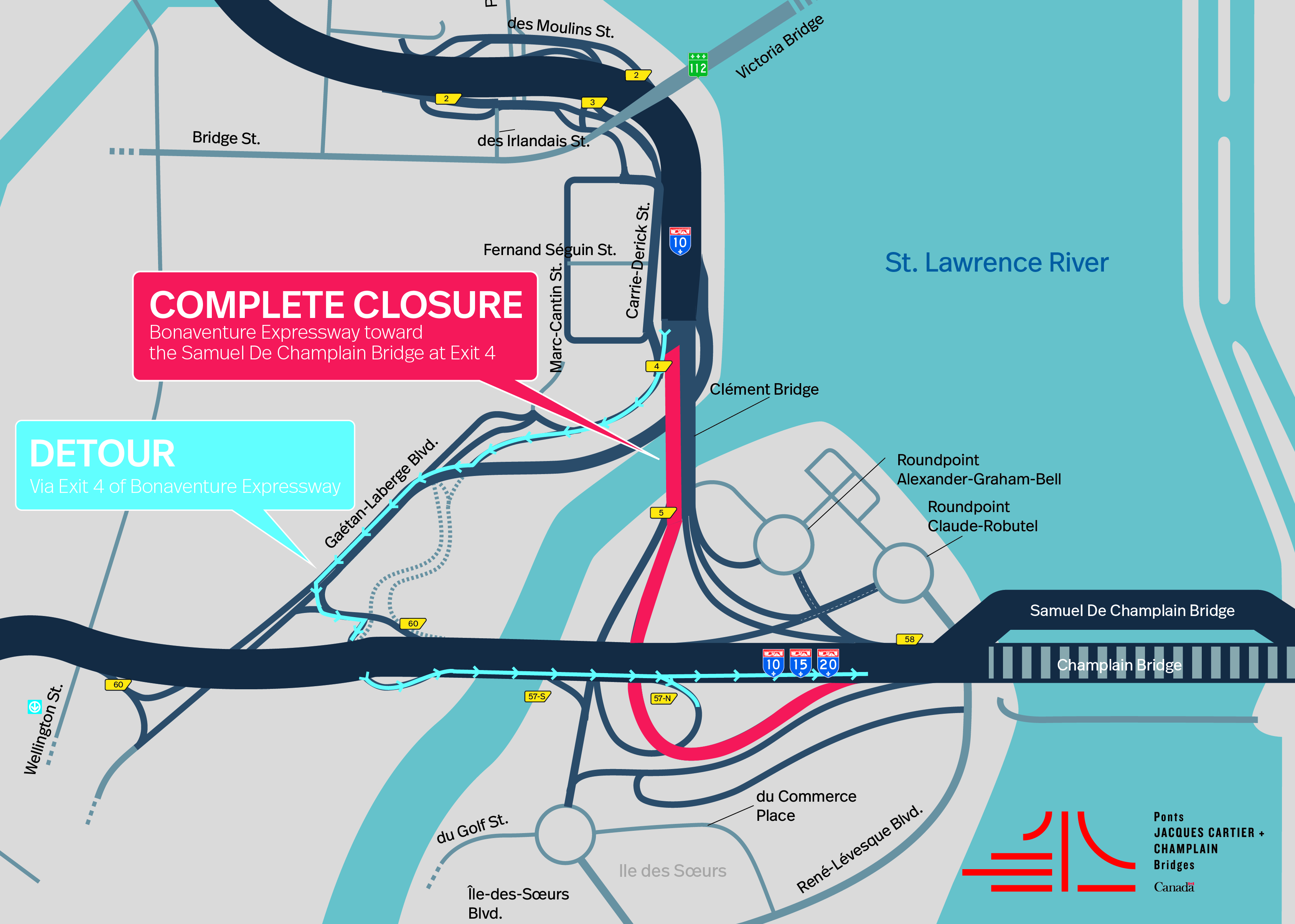 Bonaventure Expy | Complete night closure of a portion of the Expressway, toward Samuel-De Champlain Bridge, on April 26 and 27