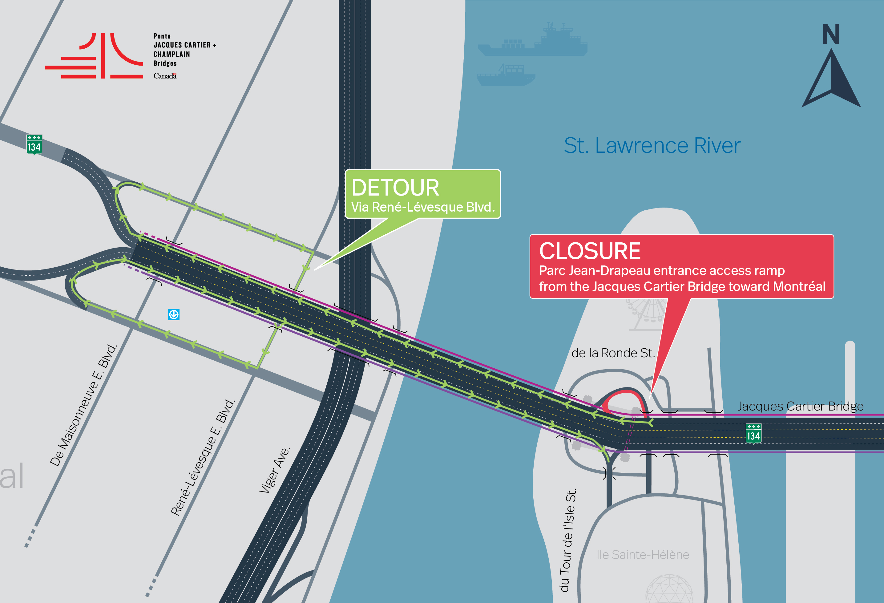 Jacques Cartier Bridge | Complete closure of the Parc Jean Drapeau access ramp toward Montréal, on May 2 and 3