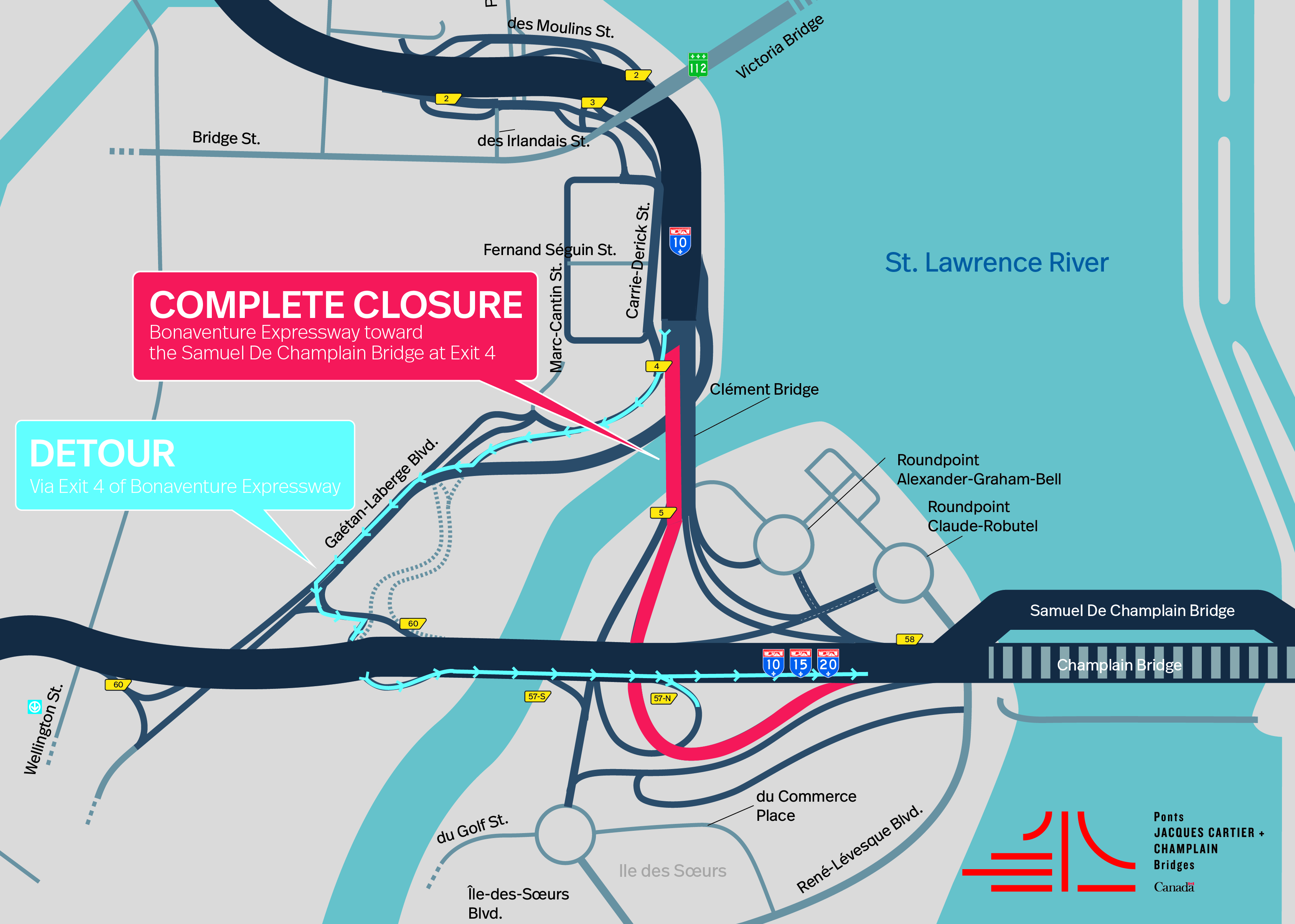 Bonaventure Expy | Complete night closure of a portion of the Expressway, toward Samuel-De Champlain Bridge, on May 4