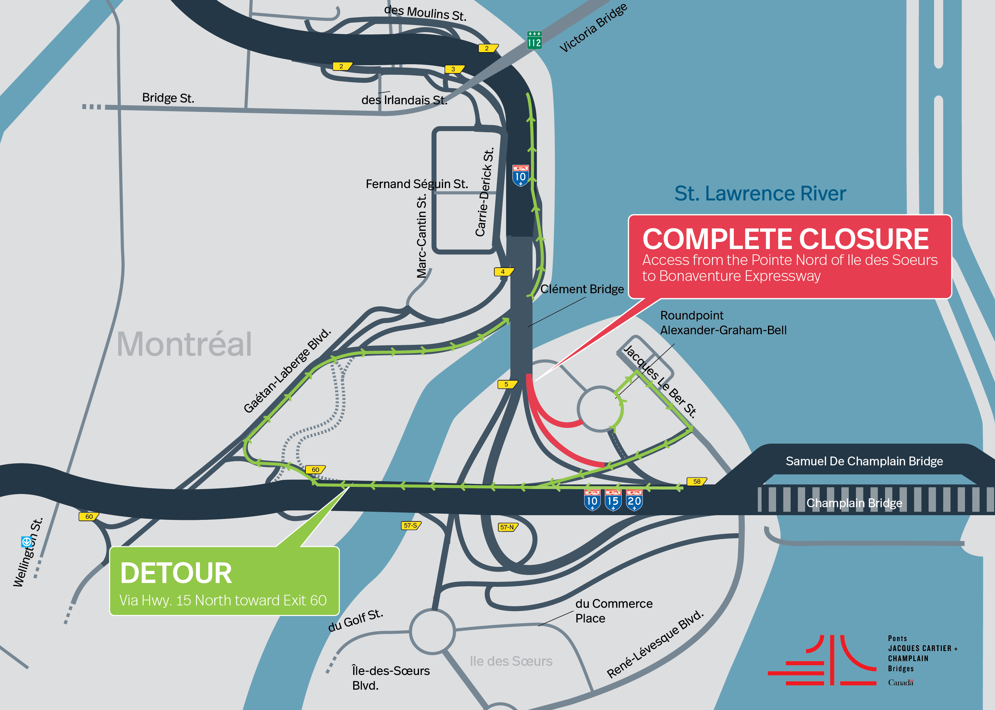 Bonaventure Expy. | Complete night closure of access ramps from Île des Sœurs to the Expy., toward downtown, on September 21