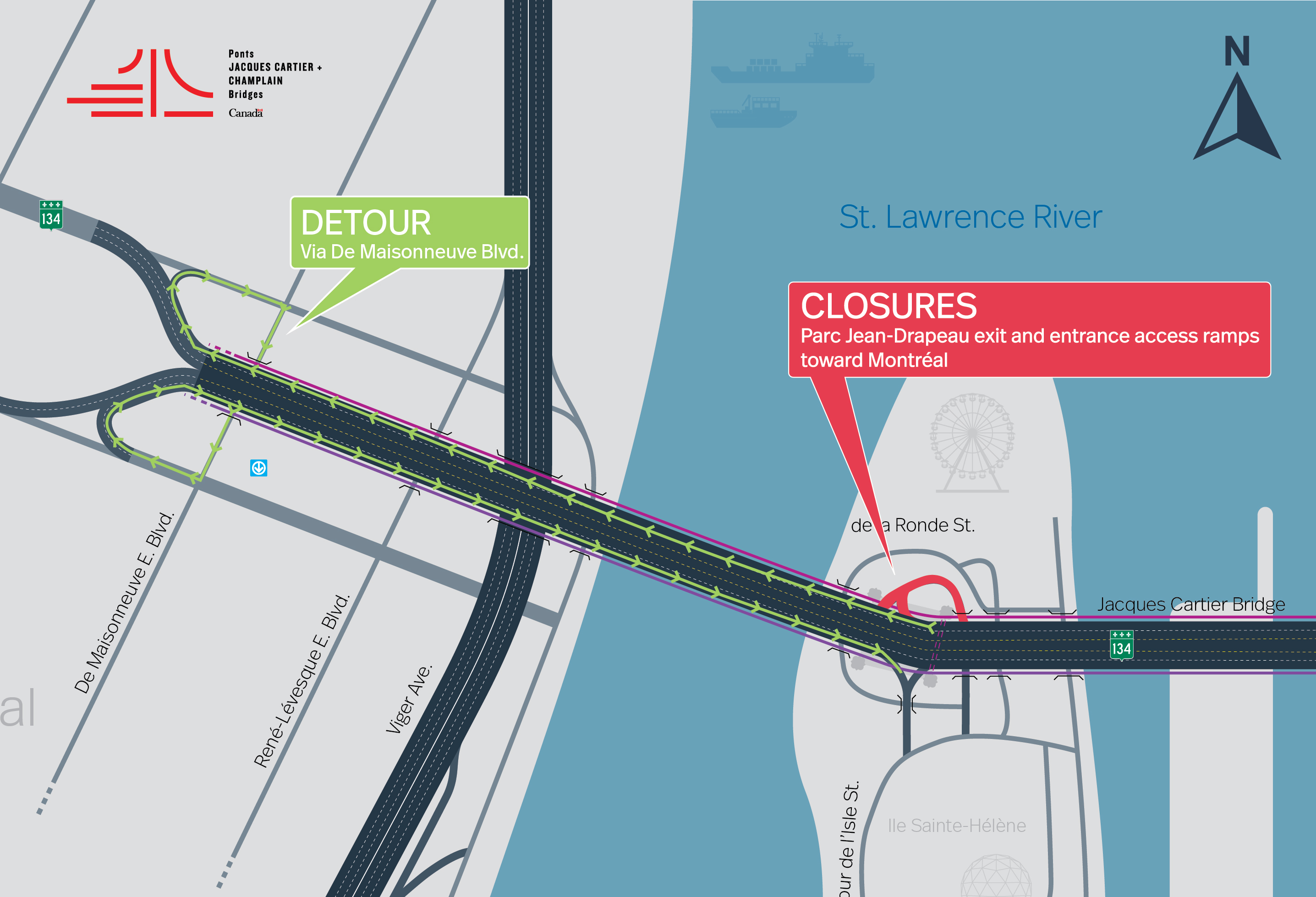 Jacques Cartier Bridge | Complete closure of the Parc Jean Drapeau access ramp toward Montréal, on November 29 and 30