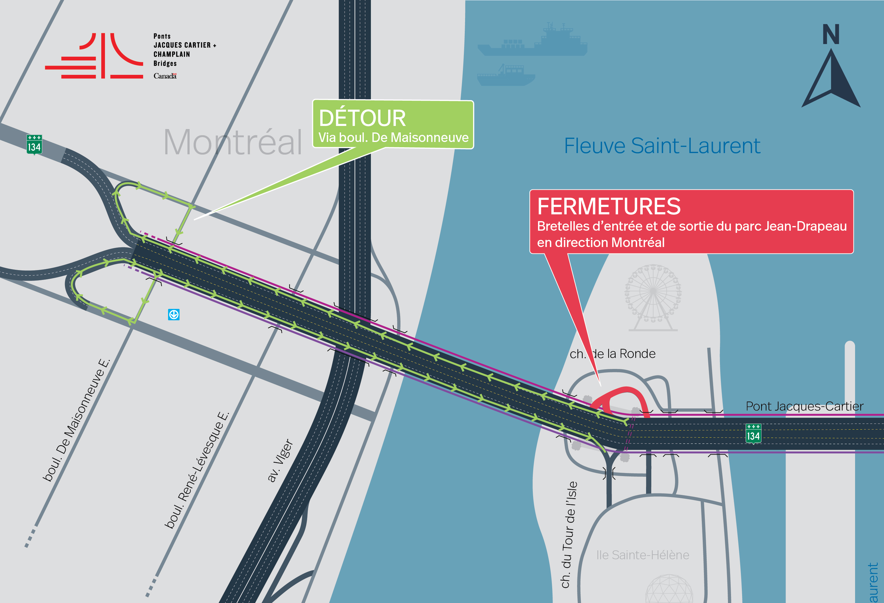 Pont Jacques-Cartier | Fermeture complète de la bretelle d'entrée du parc Jean-Drapeau en direction Montréal, les 29 et 30 novembre