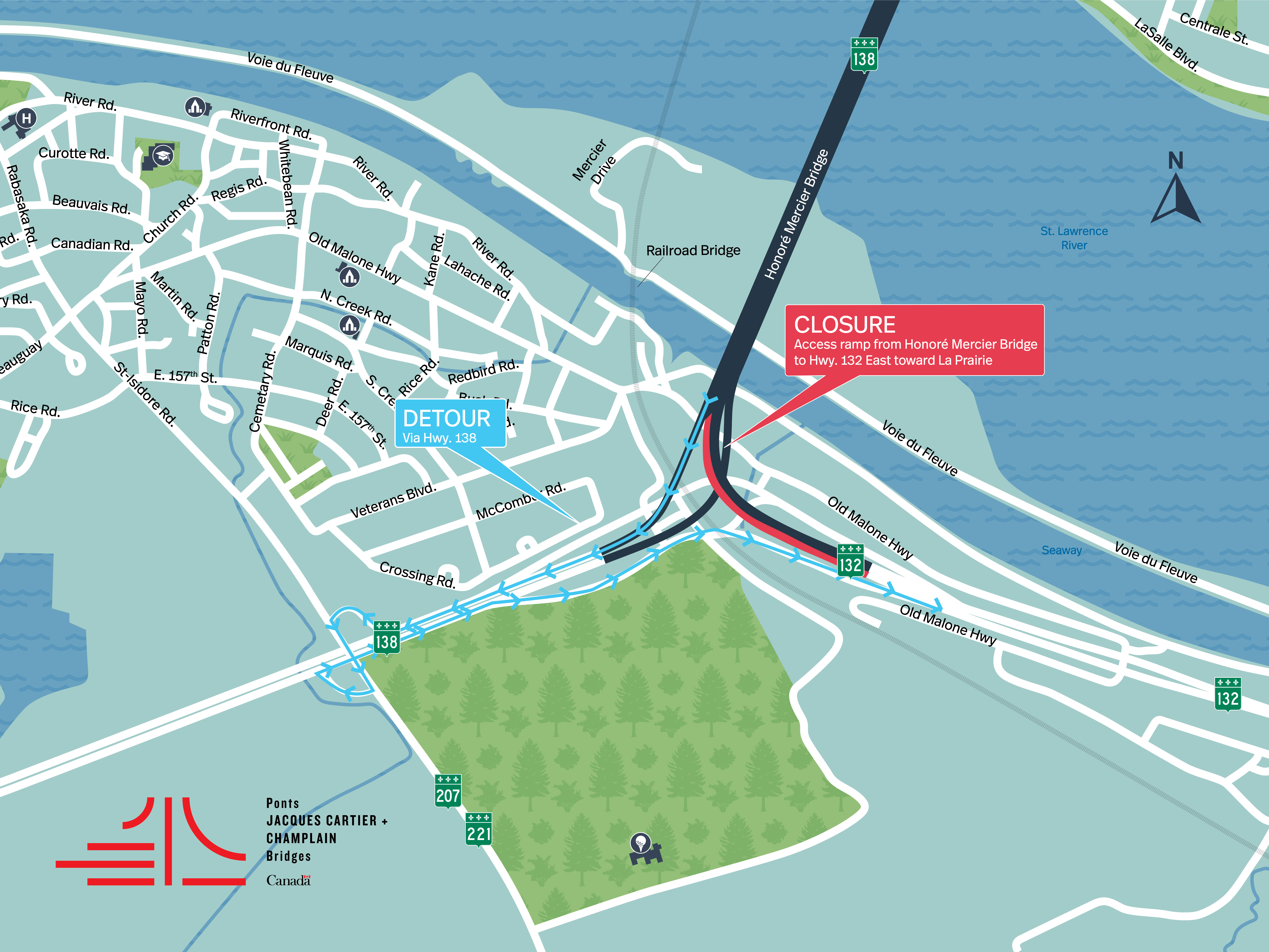 Honoré Mercier Bridge | Complete night closure of the access ramps from the Hwy. 132 East, toward La Prairie, on January 12