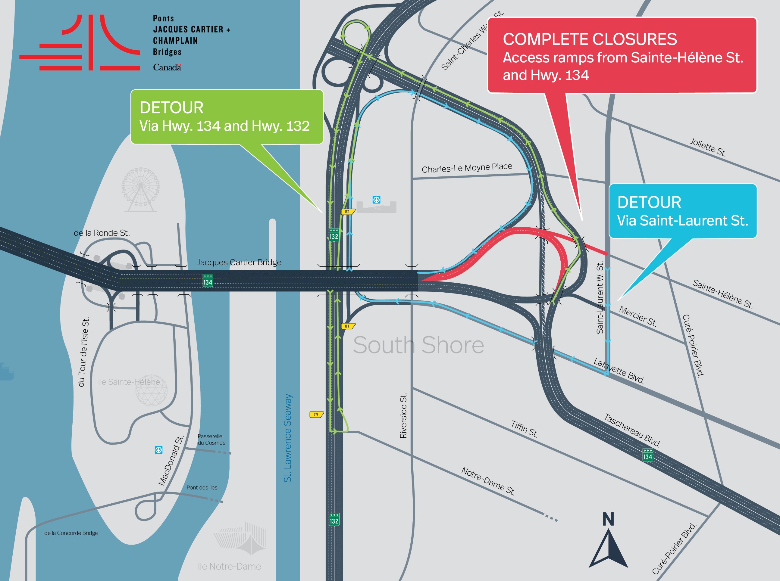Jacques-Cartier Bridge | Complete night closure of several access ramps to the Jacques Cartier Bridge toward Montréal on May 20 and 21
