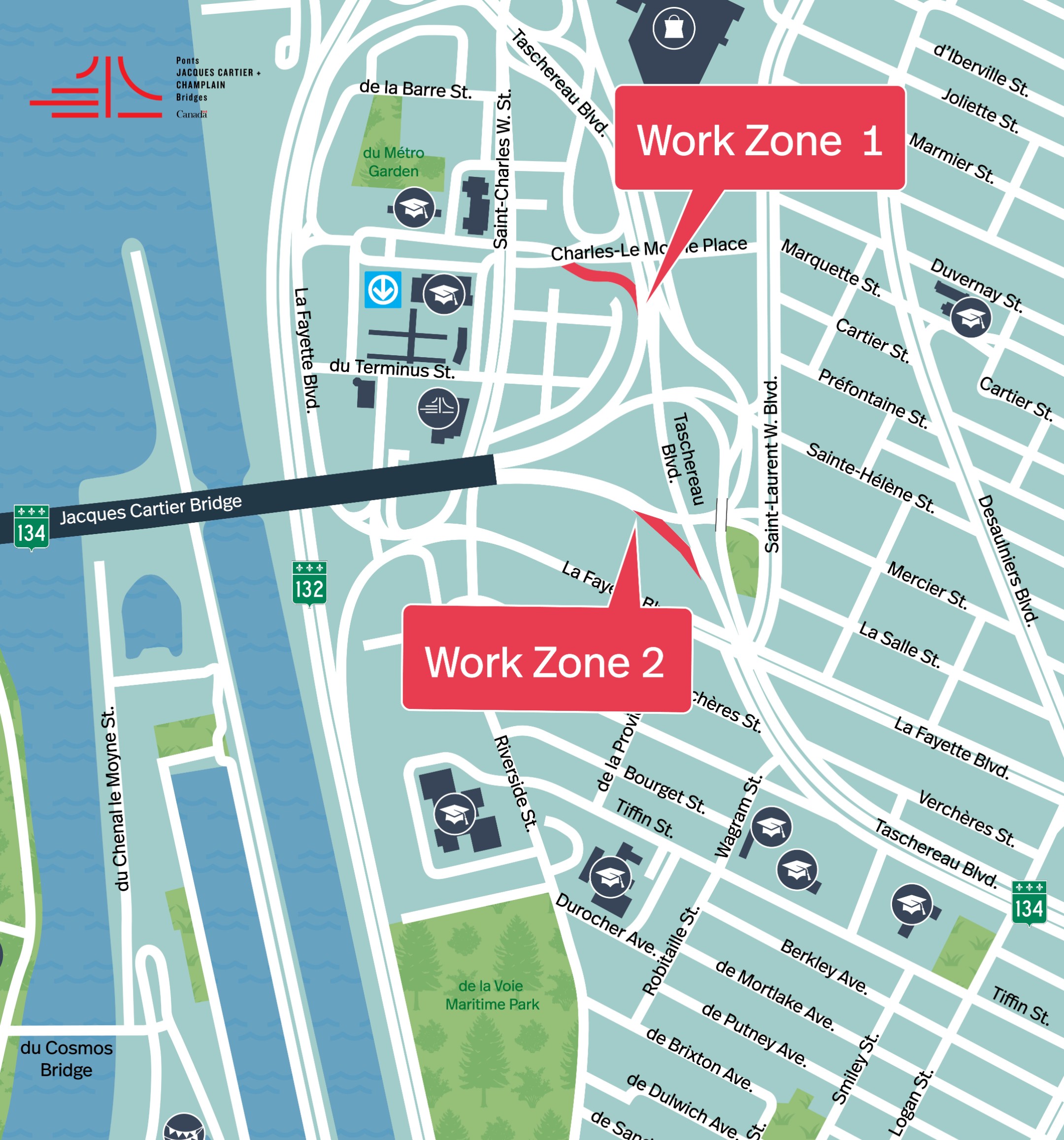 Jacques-Cartier Bridge | Complete night closure of several access and exit ramps to the Jacques Cartier Bridge on May 23