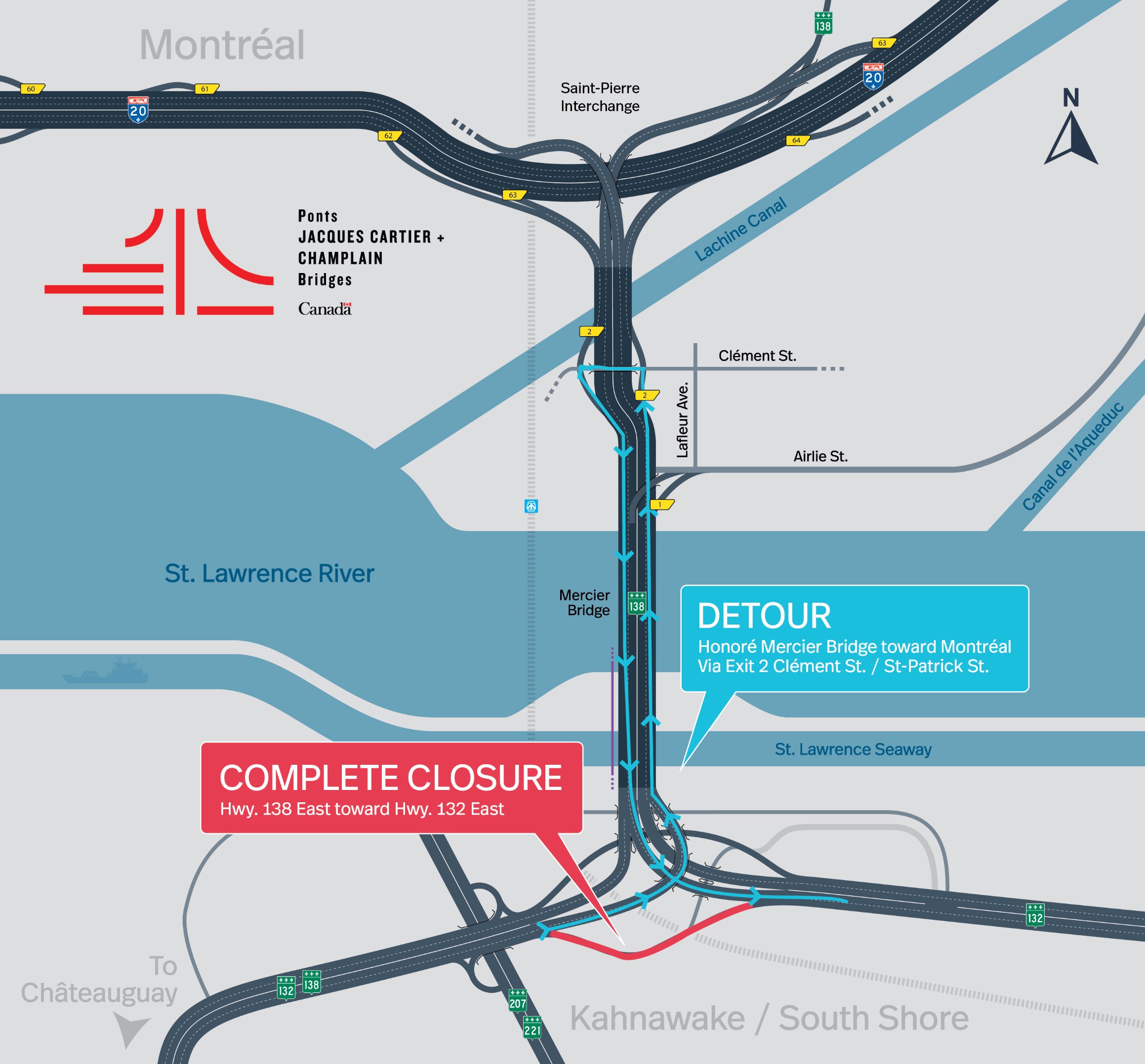 CANCELED - Honoré Mercier Bridge | Complete night closure of the Hwy.138 East heading to Hwy.132 East toward La Prairie, on May 29 and 30