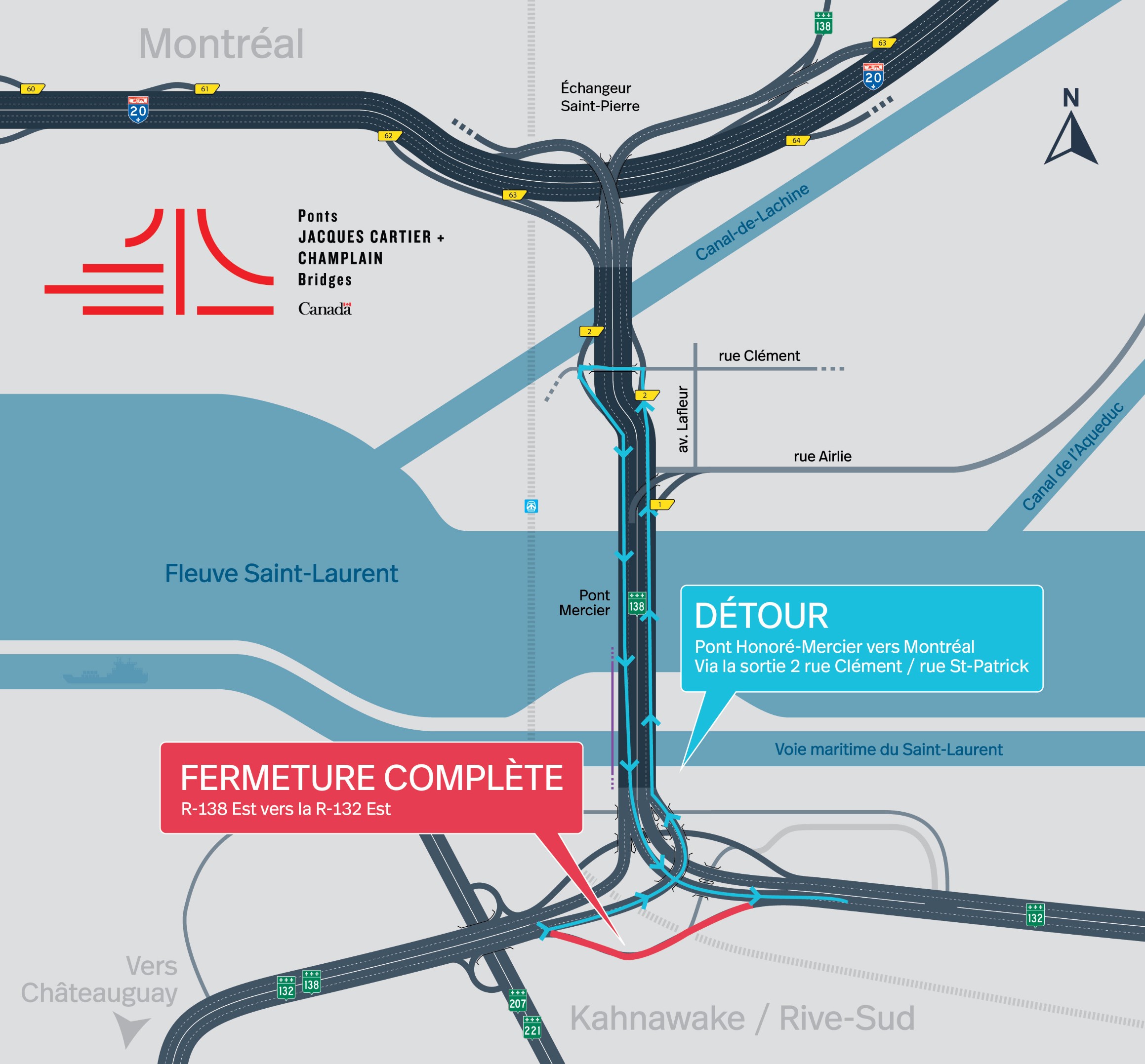 ANNULÉ - Pont Honoré-Mercier | Fermeture complète de nuit de la R-138 Est vers la R-132 Est en direction de La Prairie, les 29 et 30 mai