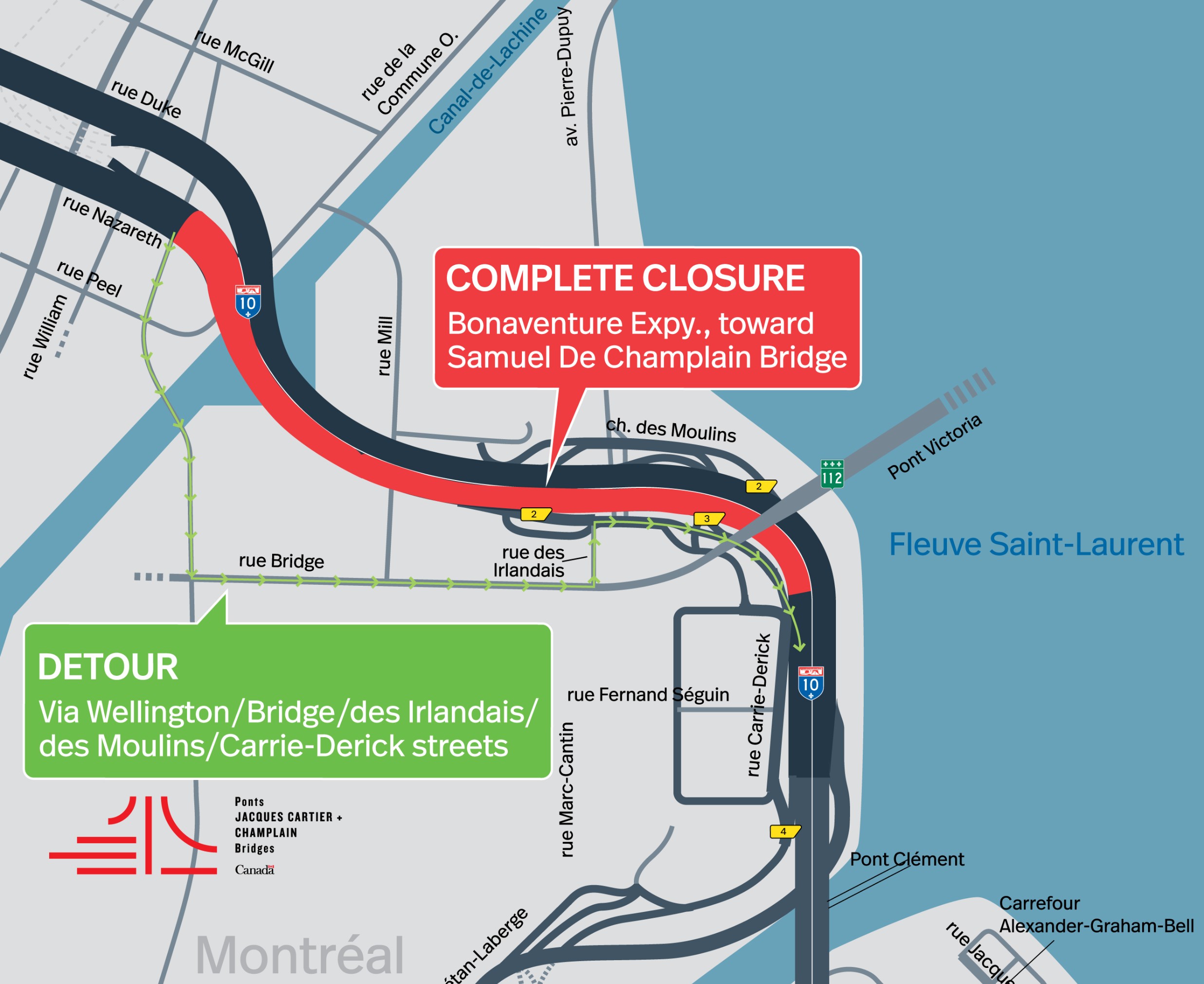 Bonaventure Expy. | Complete night closure of a portion of the Expy., toward Samuel De Champlain Bridge, on May 28 and 29