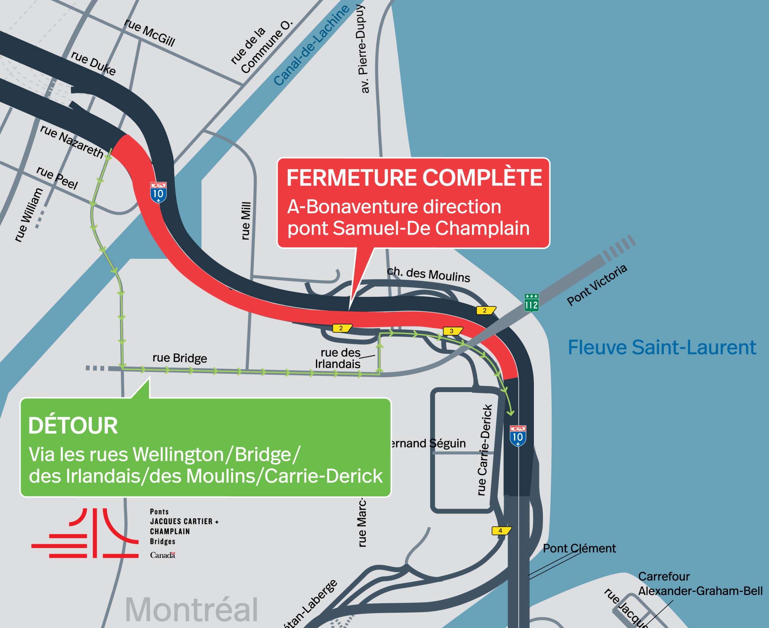 A-Bonaventure | Fermeture complète de nuit d'une portion de l'autoroute, en direction du pont Samuel-De Champlain, les 28 et 29 mai
