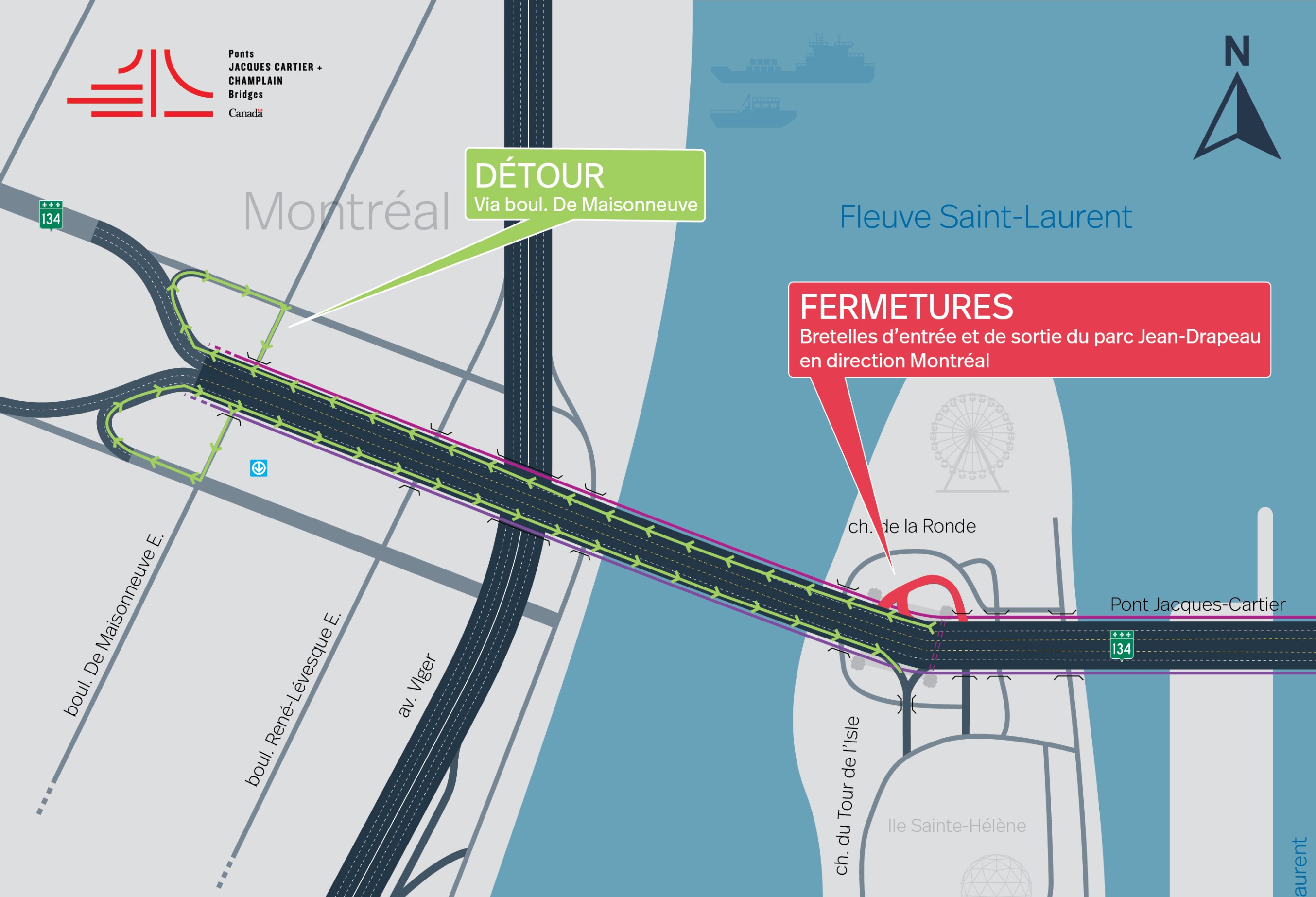 Pont Jacques-Cartier | Fermeture complète de nuit de la bretelle d'entrée et de sortie du parc Jean-Drapeau en direction Montréal, le 11 juin