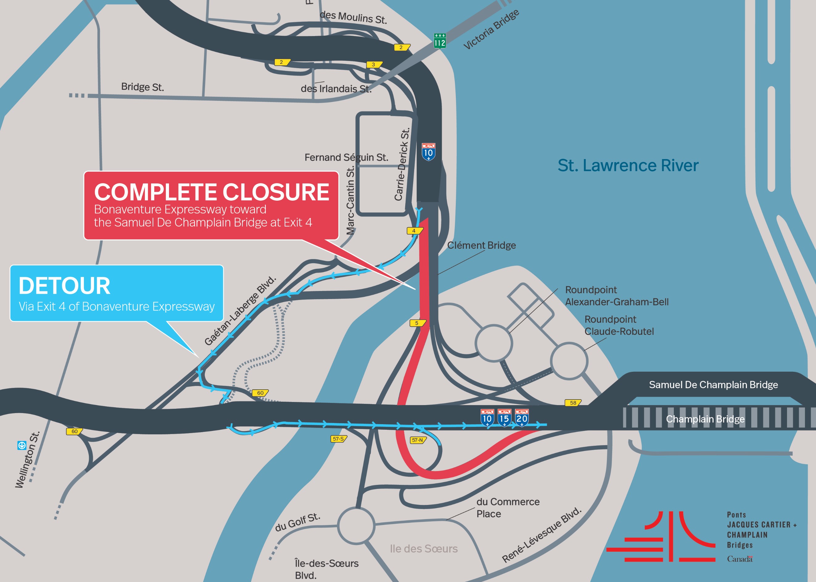 Bonaventure Expy. | Complete night closure of a portion of the Expy., toward Samuel De Champlain Bridge, on July 9
