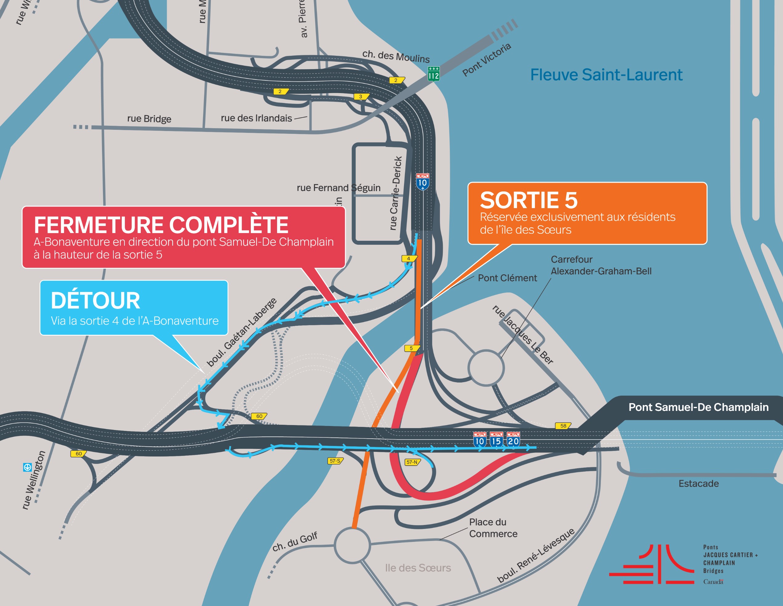 A-Bonaventure | Fermeture de longue durée de la bretelle d'accès de l'autoroute vers le pont Samuel-De Champlain, dès le 14 juillet