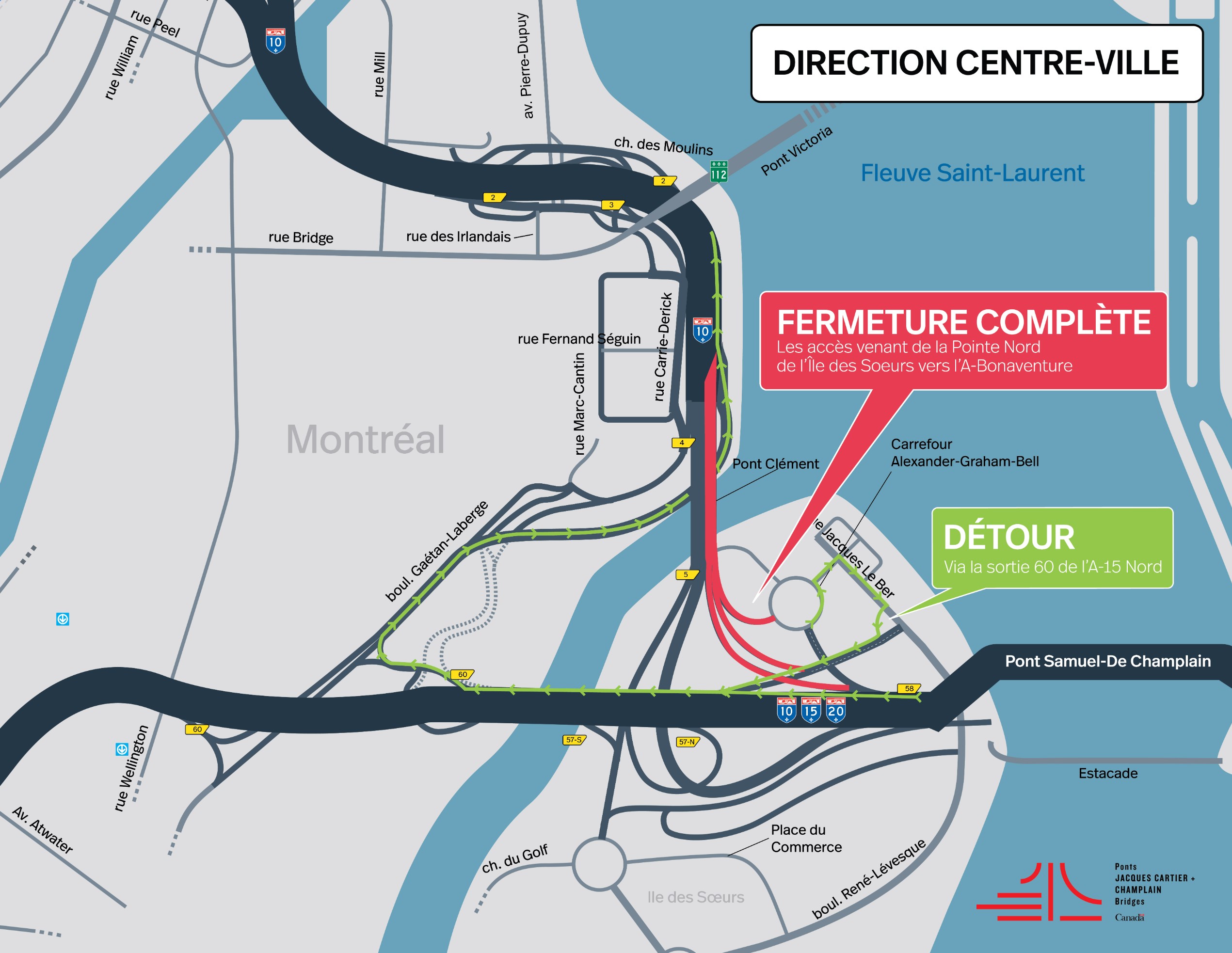 MODIFICATION DE DATE - A-Bonaventure | Secteur Île des Soeurs : fermeture de nuit des accès à l'autoroute, direction centre-ville : changement du 19 au 20 août