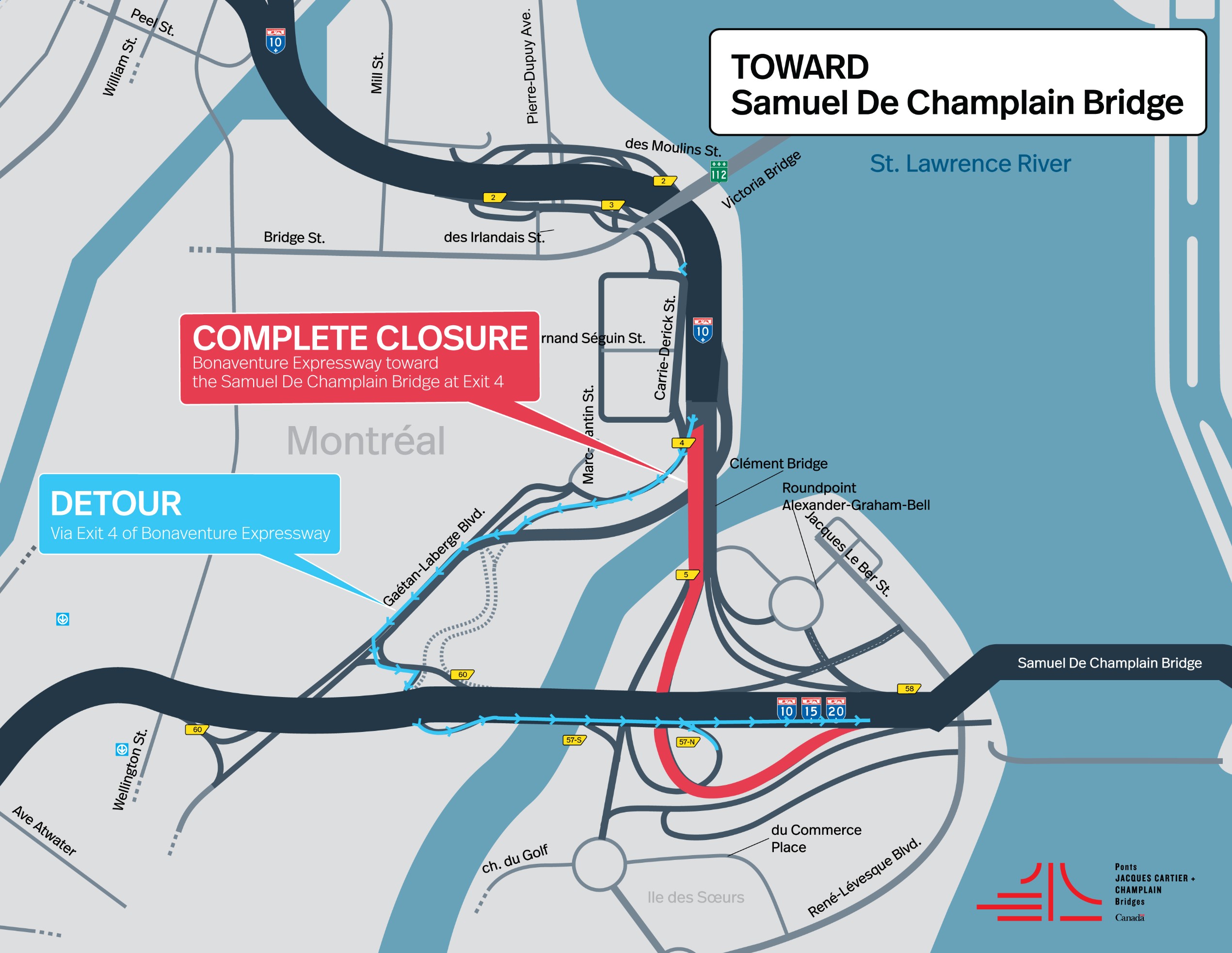 Bonaventure Expy. | Night closure of a portion of the Expy., toward Samuel De Champlain Bridge, at Exit 4, on August 19