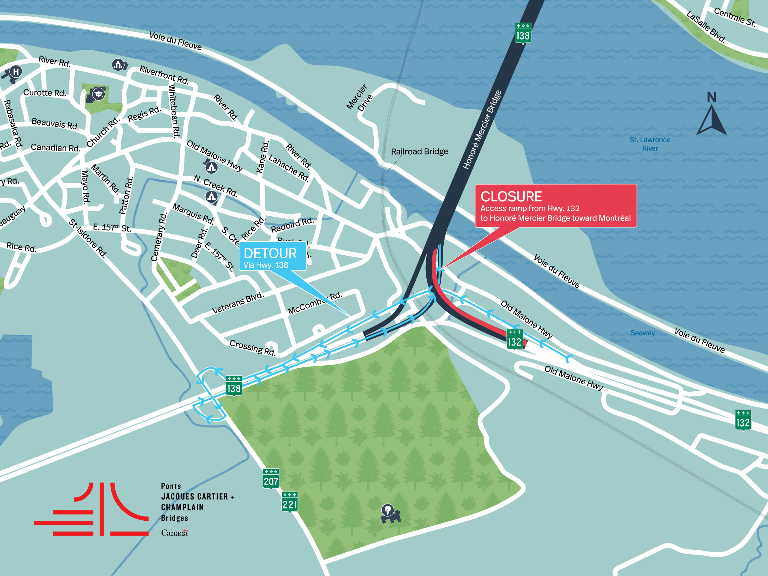 Honoré Mercier Bridge | Complete night closure of the access ramp from the Hwy. 132 West, toward Montréal, on September 5