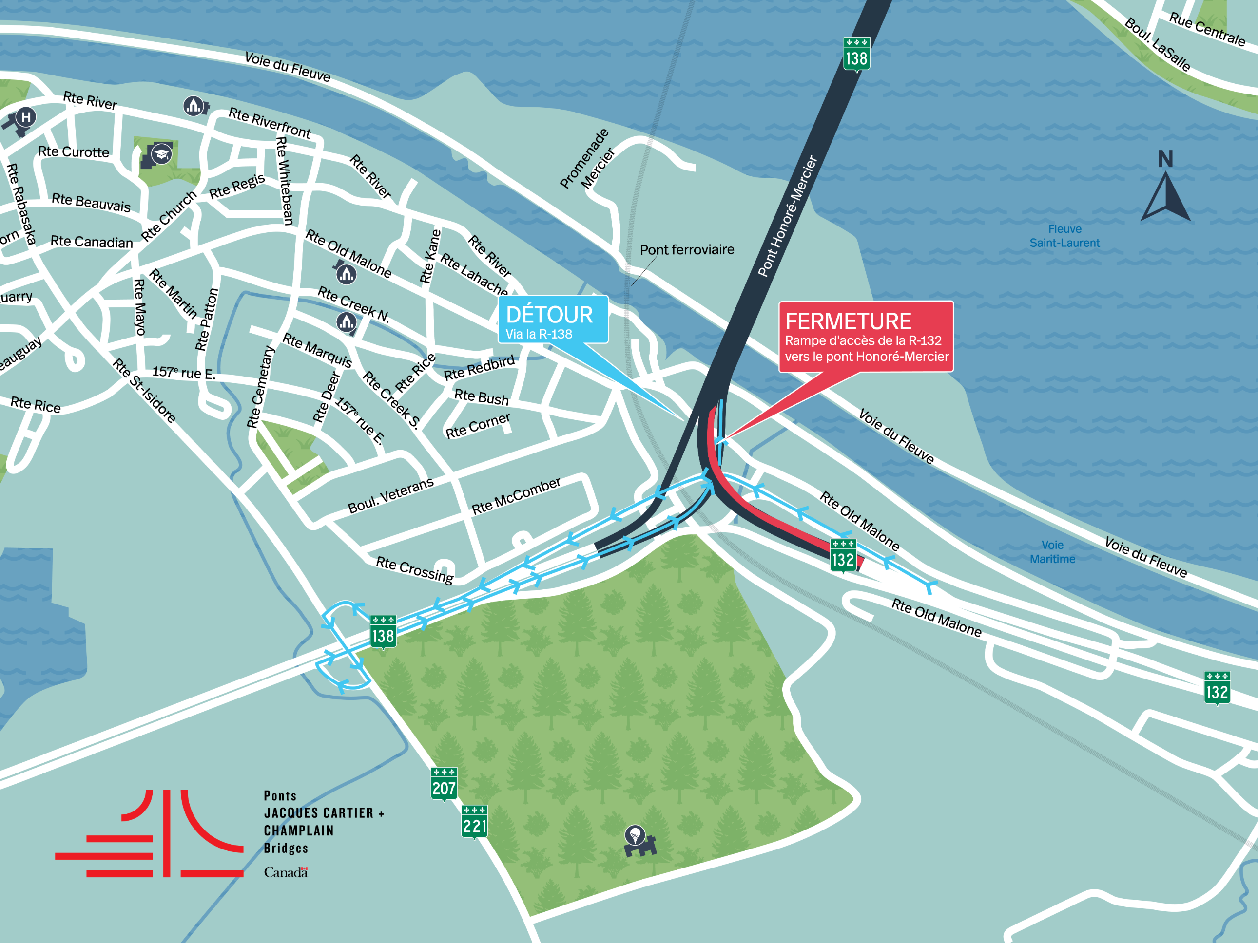 Pont Honoré-Mercier | Fermeture complète de nuit de la rampe d'accès de la R-132 Ouest, direction Montréal, le 5 septembre