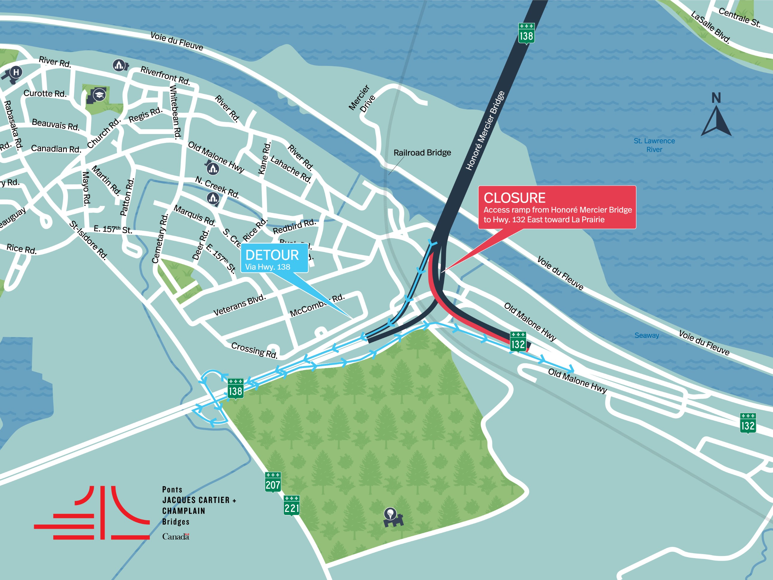 Honoré Mercier Bridge | Complete night closure of the access ramps from the Hwy. 132 East, toward La Prairie, on September 6