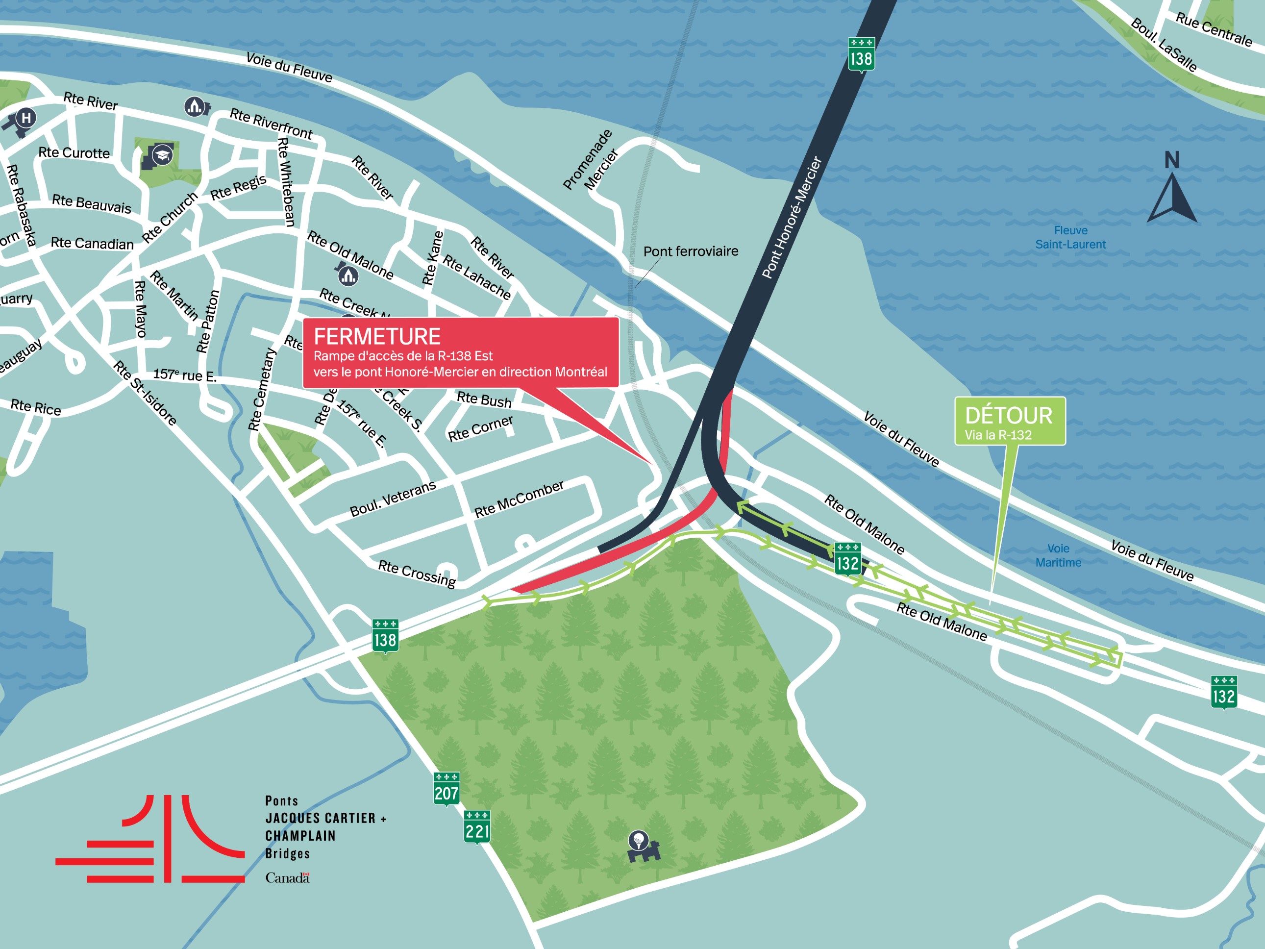 Pont Honoré-Mercier | Fermeture complète de nuit de la rampe d’accès de la R-138 Est en direction Montréal, le 8 septembre