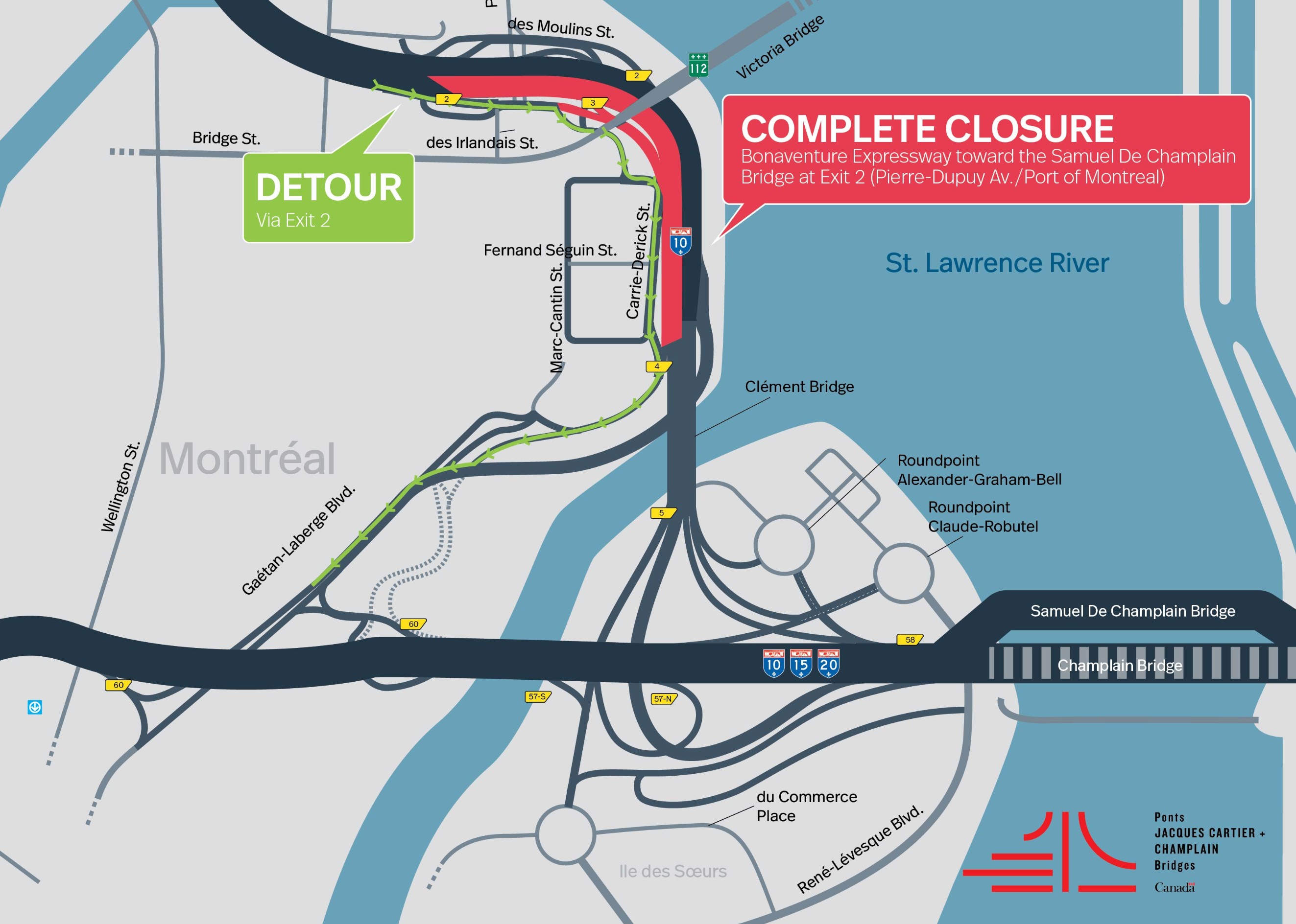 Bonaventure Expy. | Complete night closure of the Expy., toward Samuel De Champlain Bridge, on October 7