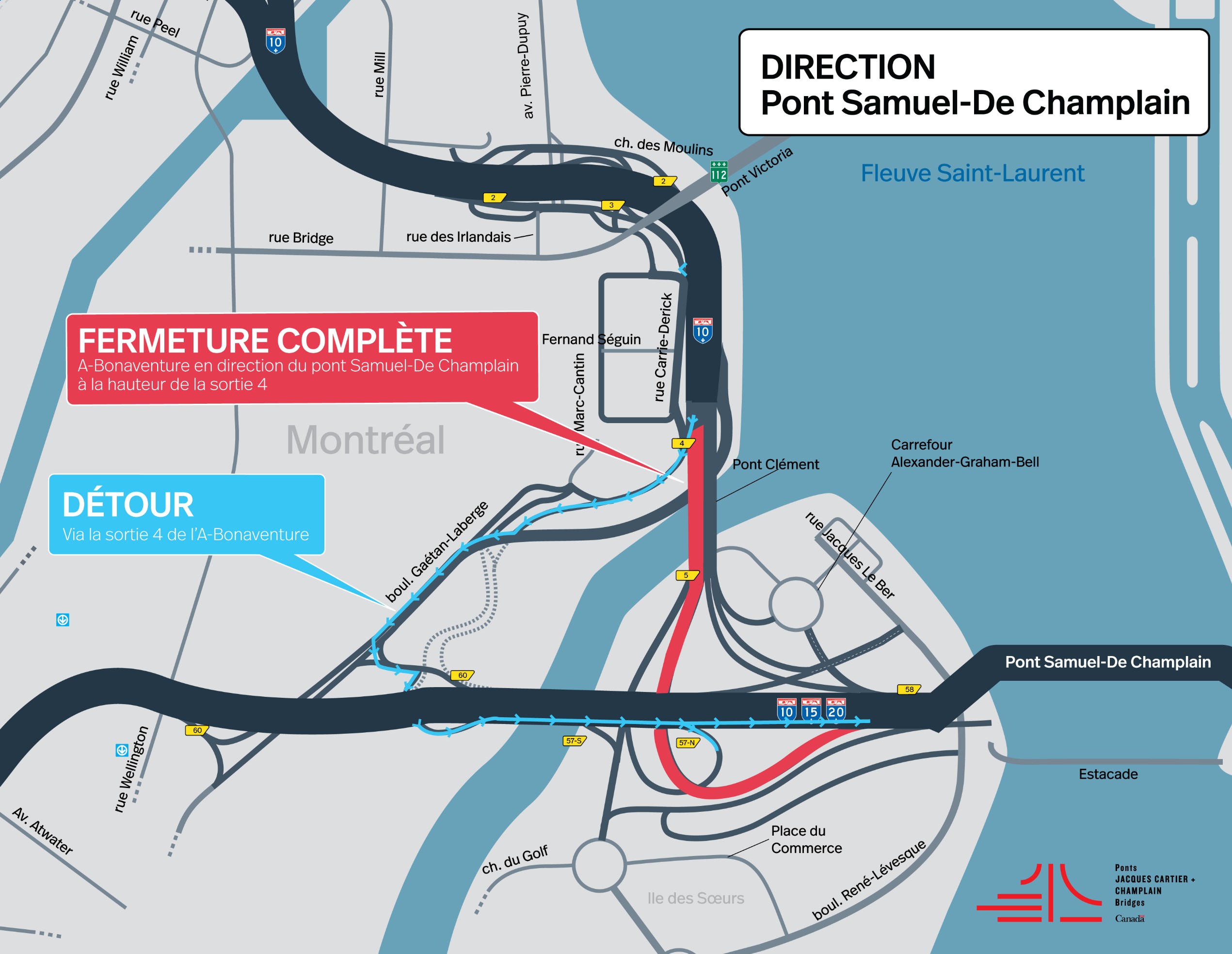 A-Bonaventure | Fermeture complète de nuit d'une portion de l'autoroute, en direction du pont Samuel-De Champlain, le 10 octobre