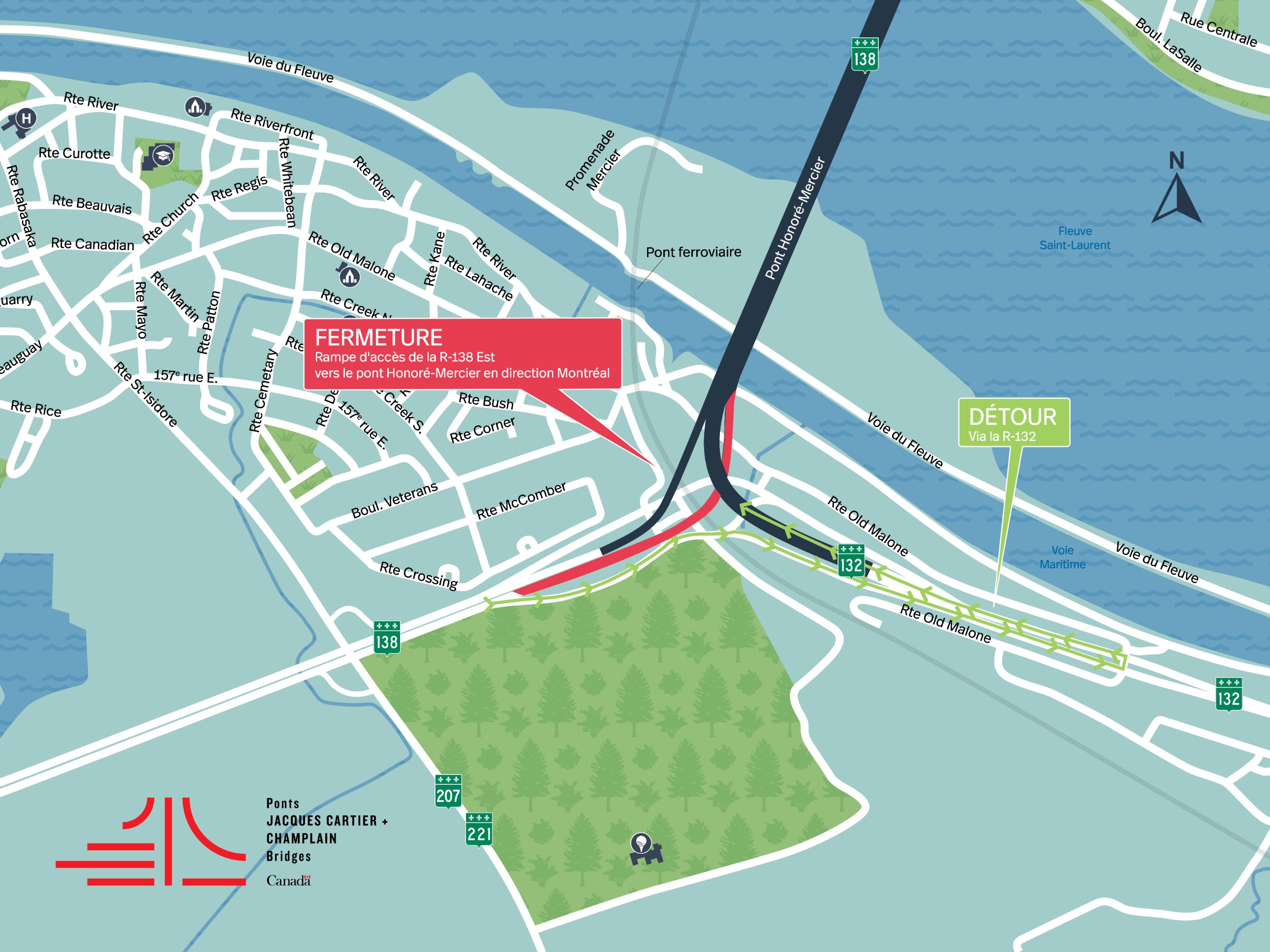 ANNULÉ Pont Honoré-Mercier | Fermeture complète de nuit de la rampe d’accès de la R-138 Est en direction Montréal le 15 octobre