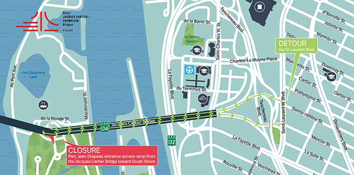 Jacques-Cartier Bridge | Complete night closure of the access ramp to Parc Jean-Drapeau toward the South Shore on October 18