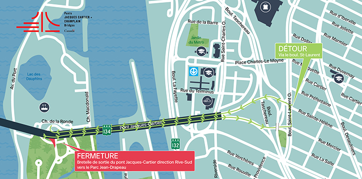 Pont Jacques-Cartier | Fermeture complète de nuit de la rampe d'accès au parc Jean-Drapeau en direction Rive-Sud du 12 au 14 novembre