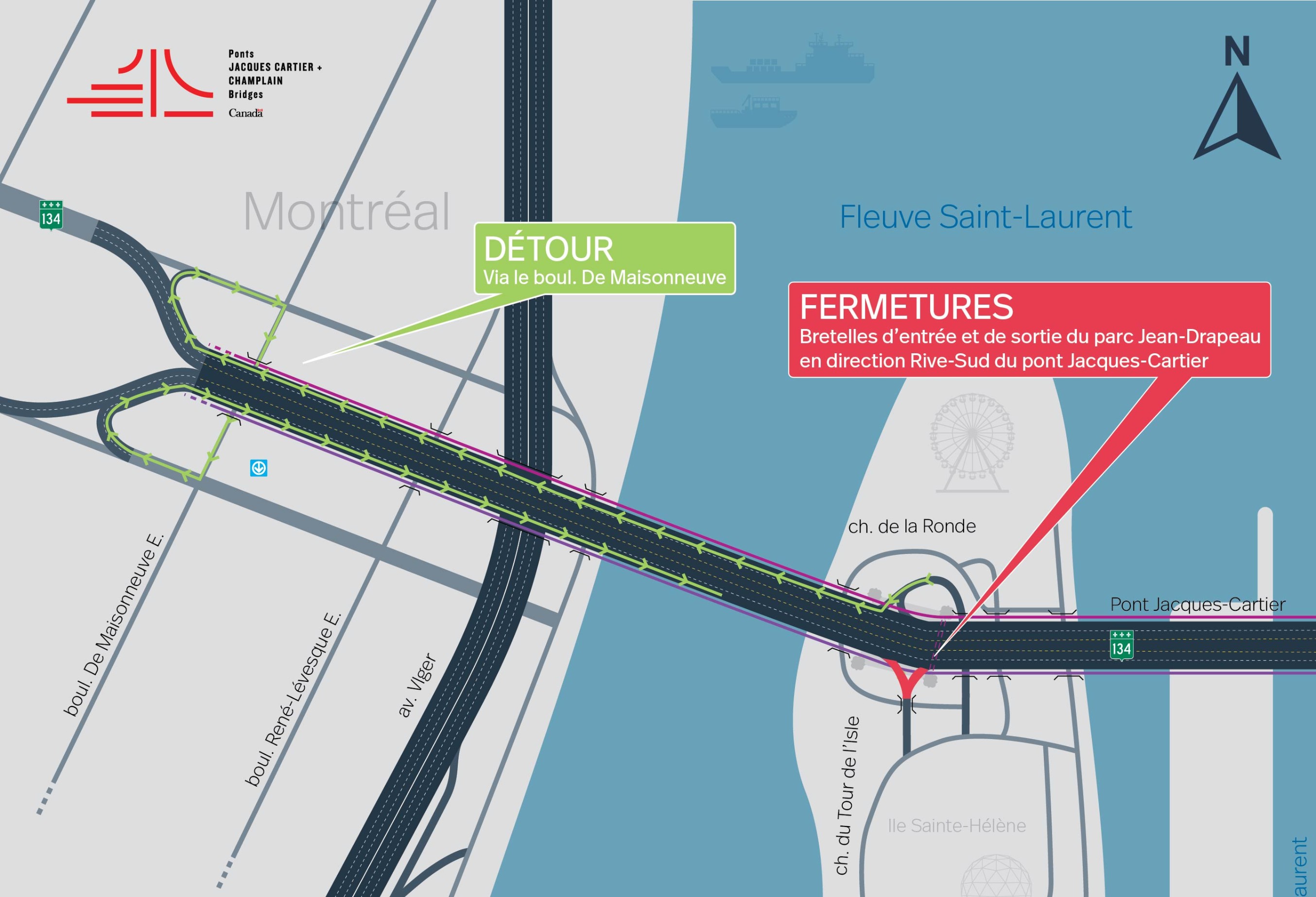 Pont Jacques-Cartier | Fermeture complète de nuit de la rampe d'accès au parc Jean-Drapeau en direction Rive-Sud du 12 au 14 novembre