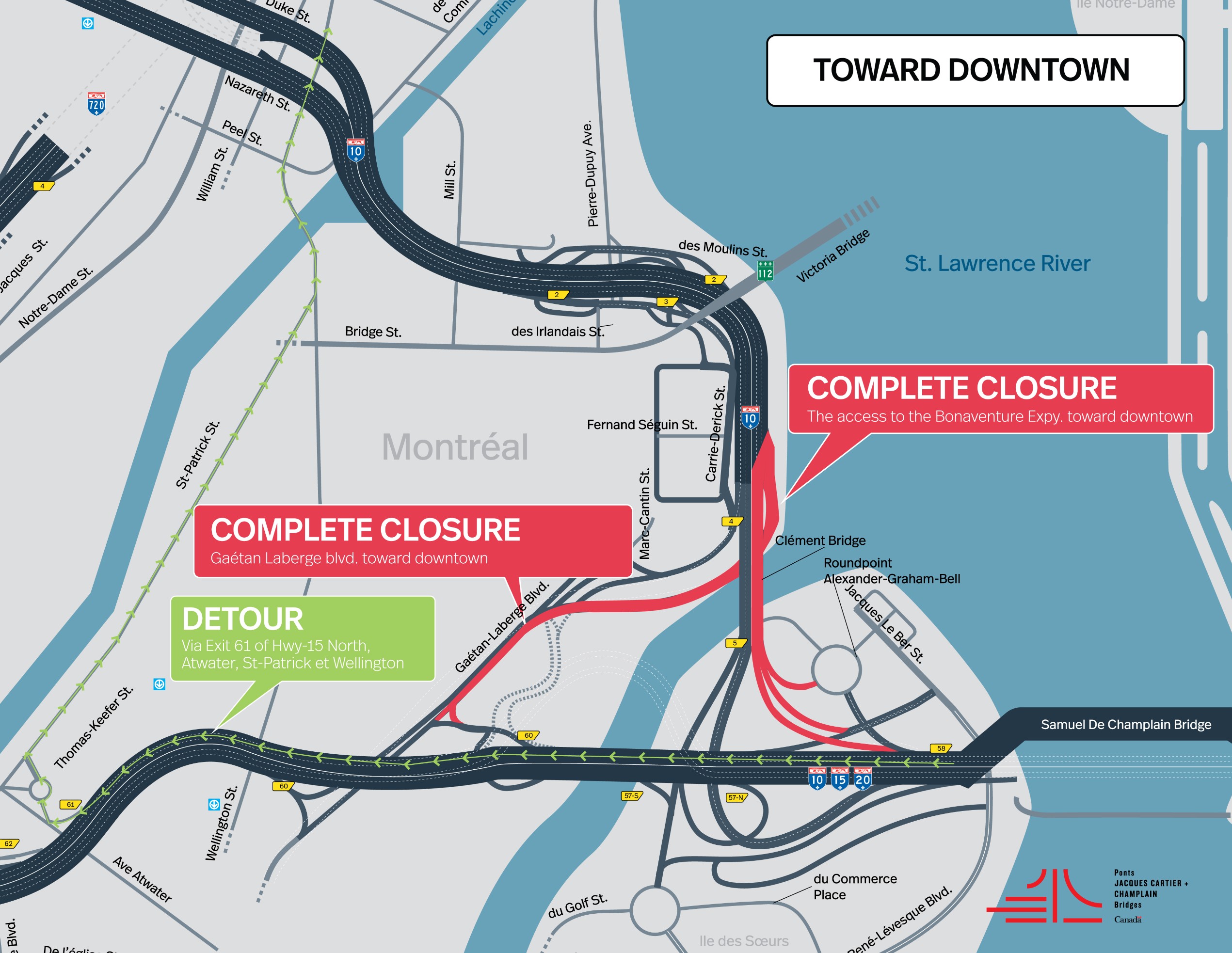 Bonaventure Expy. | Night closure of the access to the Expy., toward downtown, and of a portion of the Île des Soeurs blvd., on november 20