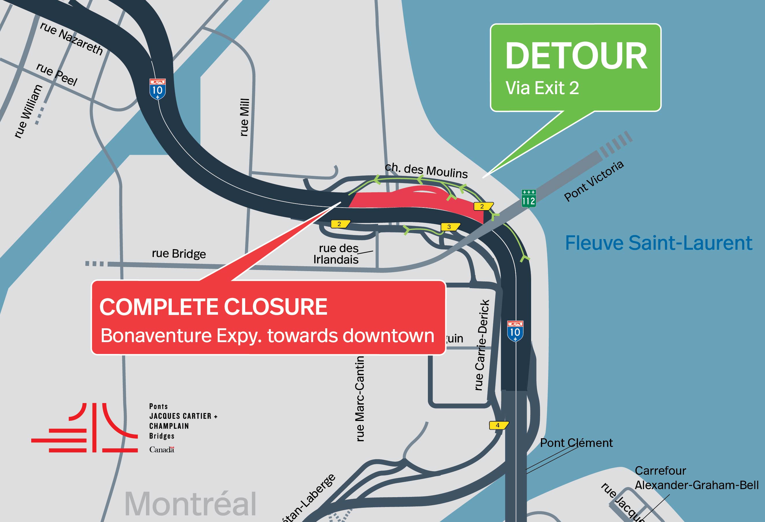 Bonaventure Expy. | Night closure of a portion of the Expy., toward downtown, on November 30, and of Pierre-Dupuy Avenue under the Bonaventure Expy., on December 1