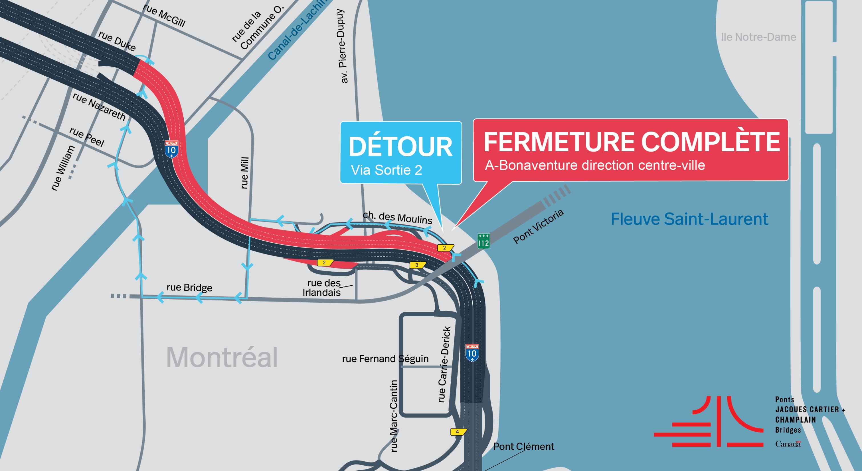 A-Bonaventure | Fermeture de nuit du boul. Gaétan-Laberge et d'une portion de l'autoroute Bonaventure, en direction du centre-ville, le 17 décembre