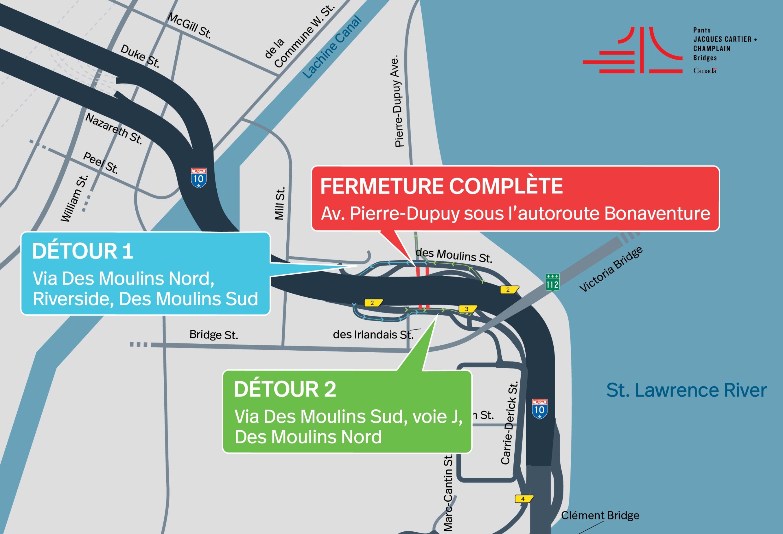 A-Bonaventure | Fermeture de 2 voies sur 3 en direction du pont Samuel-De Champlain, du 4 au 5 mai