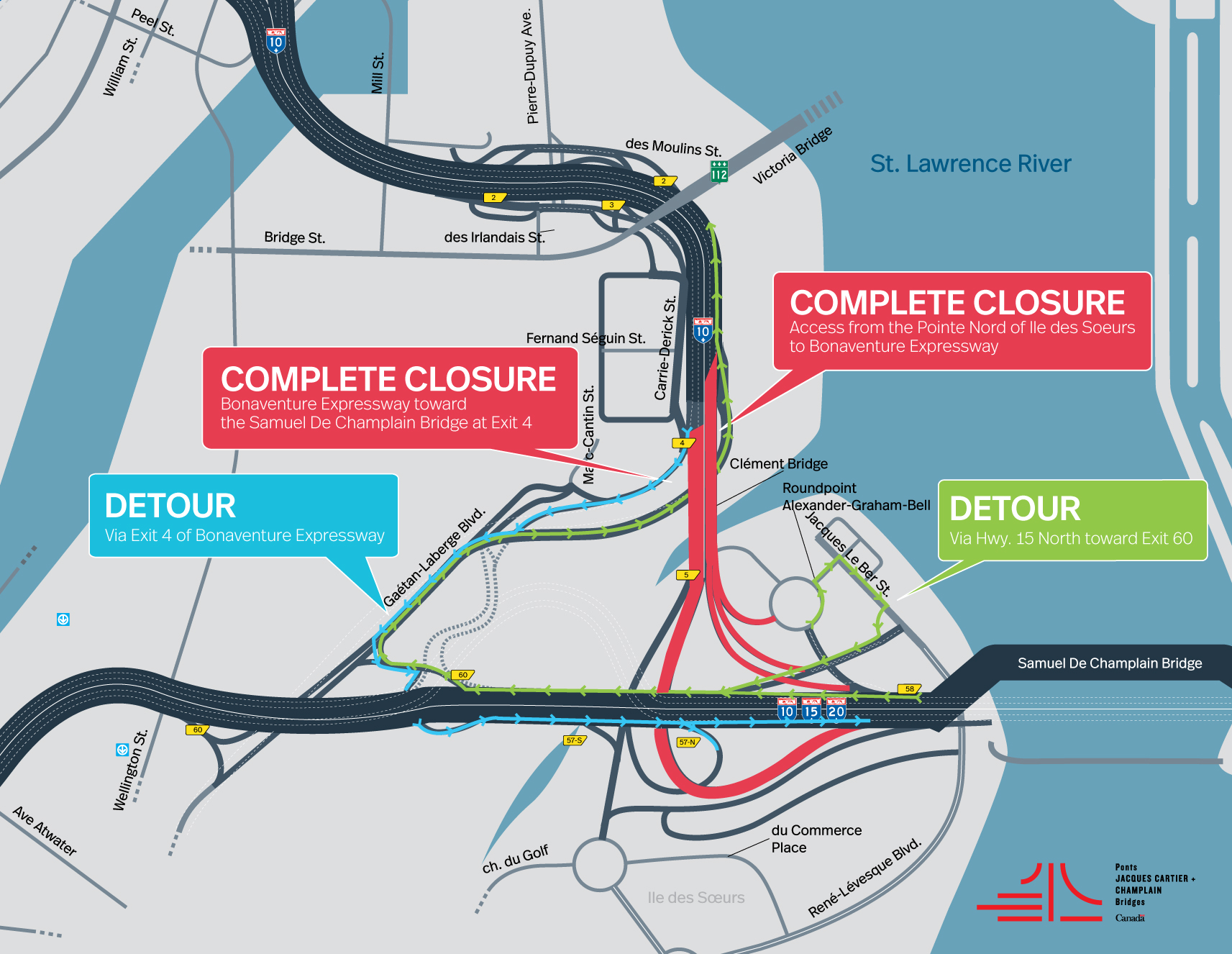 Bonaventure Expy. | Night closures of a portion of the Expy., Clément Bridge sector, from May 12 to 15