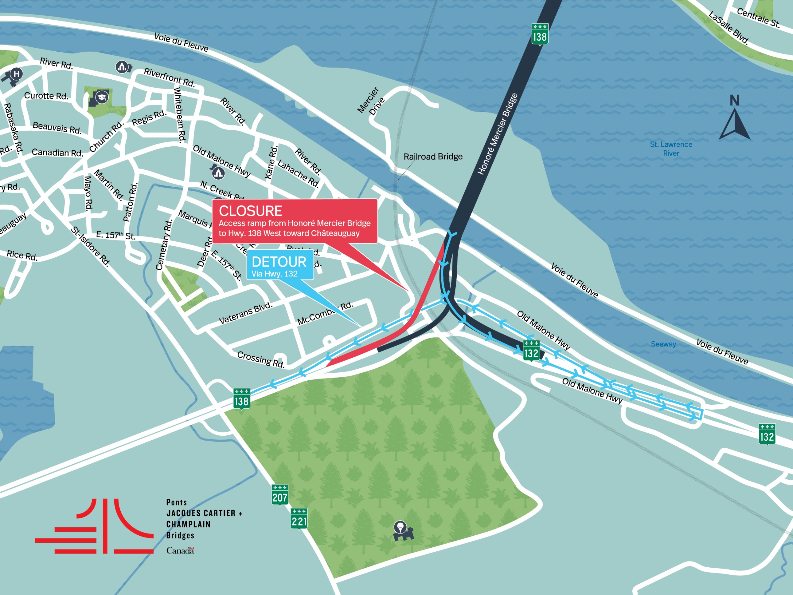 Honoré Mercier Bridge | Complete night closure of an access ramp toward Montréal and an exit ramp toward Châteauguay on June 8