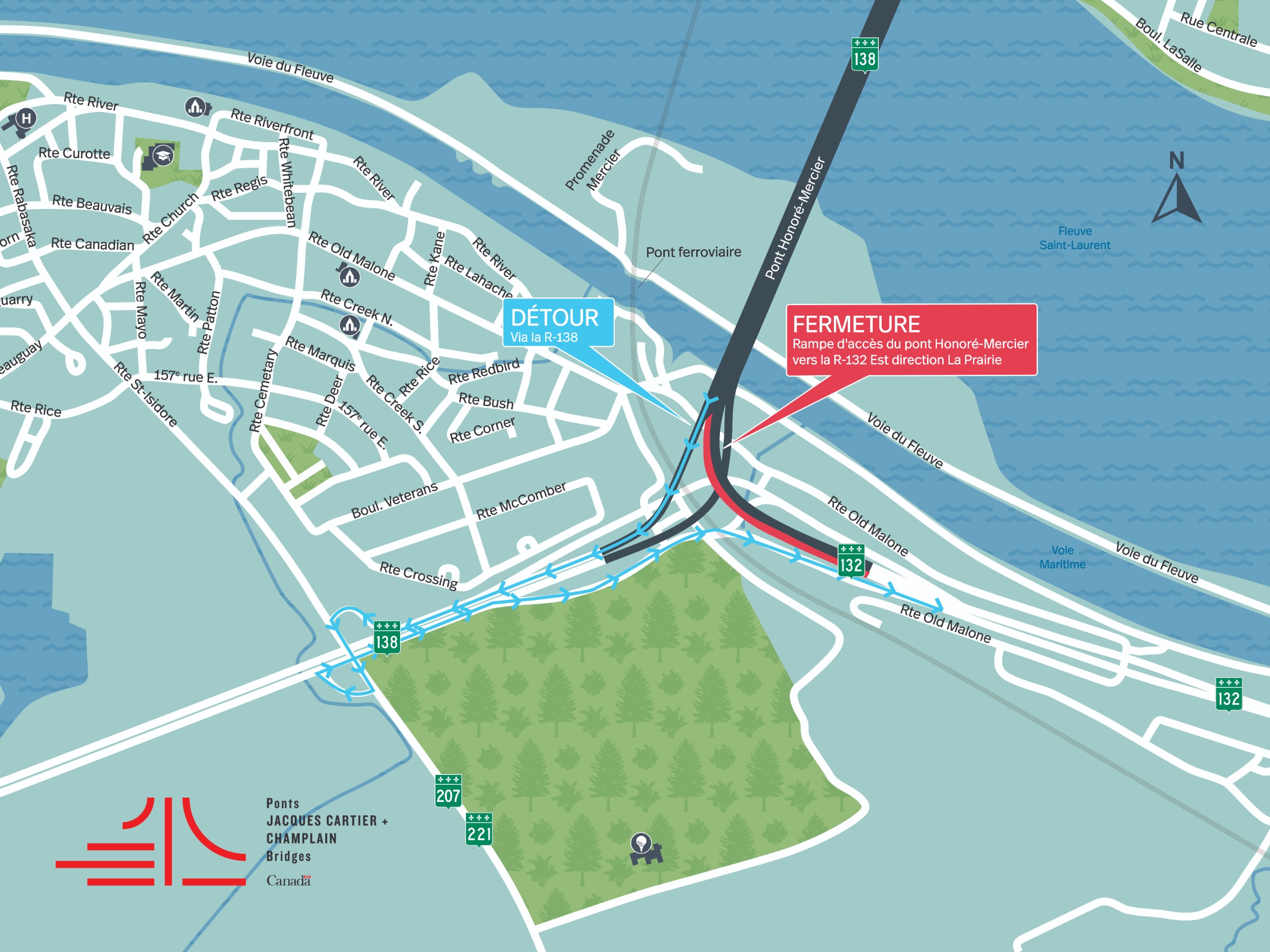 Pont Honoré-Mercier | Fermetures complètes de nuit d'une rampe d'accès vers Montréal et d'une rampe de sortie vers La Prairie le 9 juin