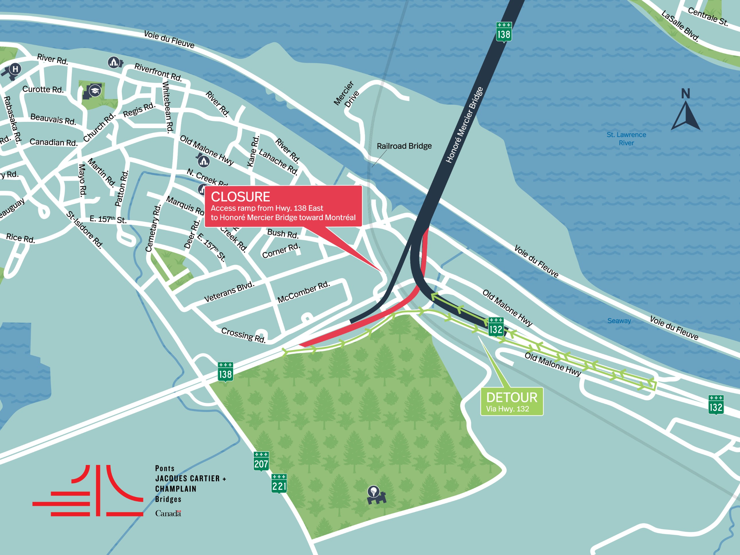 Honoré Mercier Bridge | Complete night closure of Hyw. 138 East access ramp toward Montréal on June 10