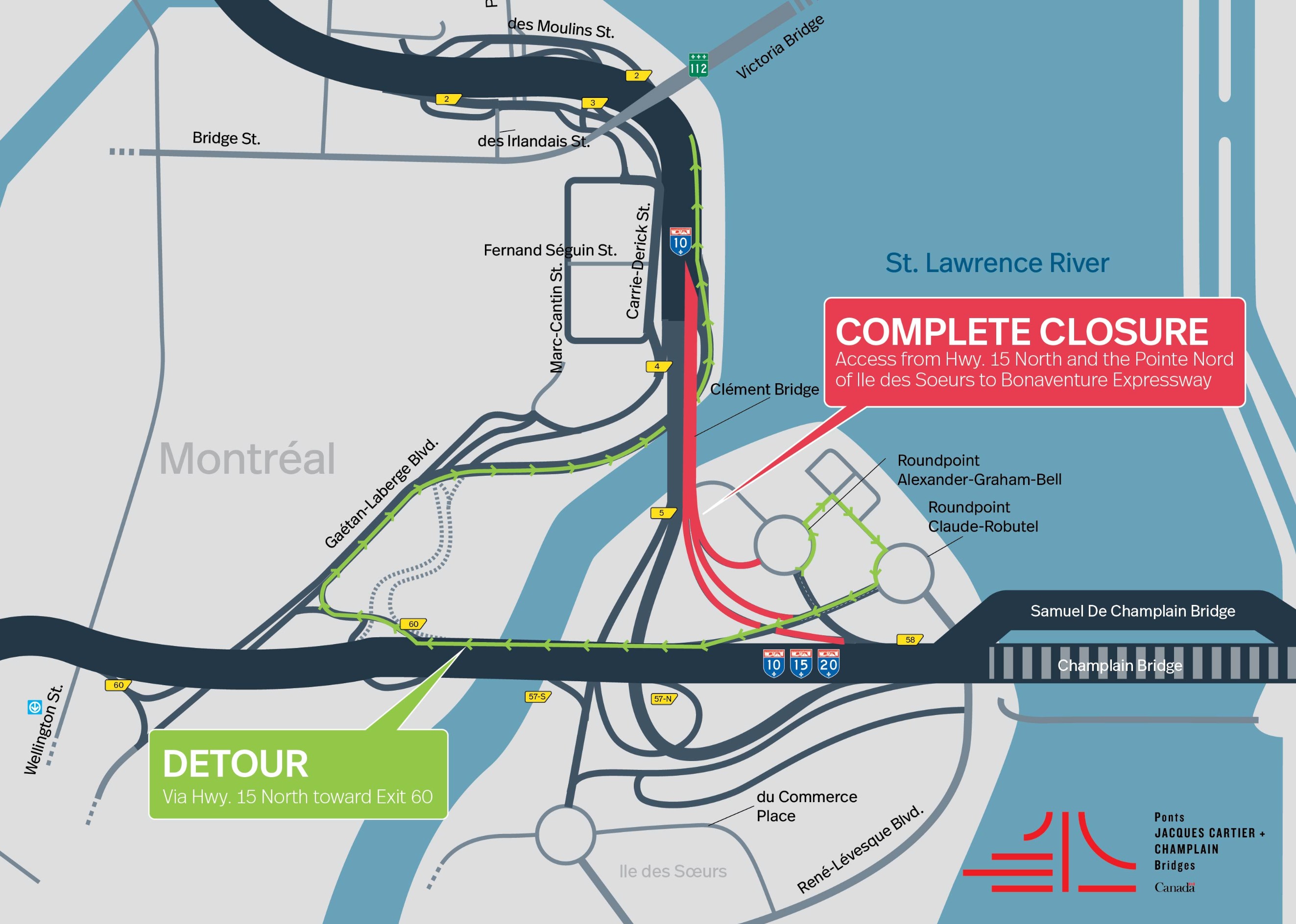 Bonaventure Expy. - Île des Soeurs sector | Night closure of a portion of the Expy. toward downtown and of the Ch. de la pointe Nord+Île des Soeurs blvd, on June 16 and 17