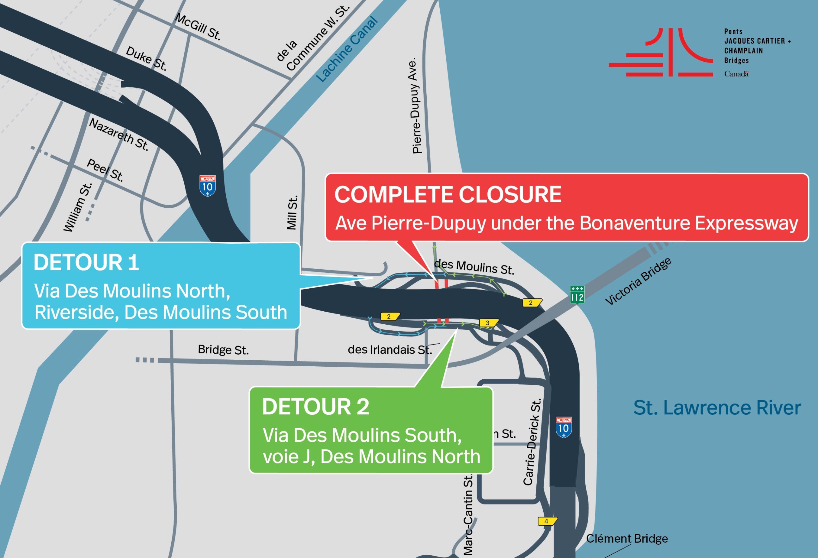Bonaventure Expy. | Complete closure of Pierre-Dupuy Avenue under the Bonaventure Expy., from June 21 to 23