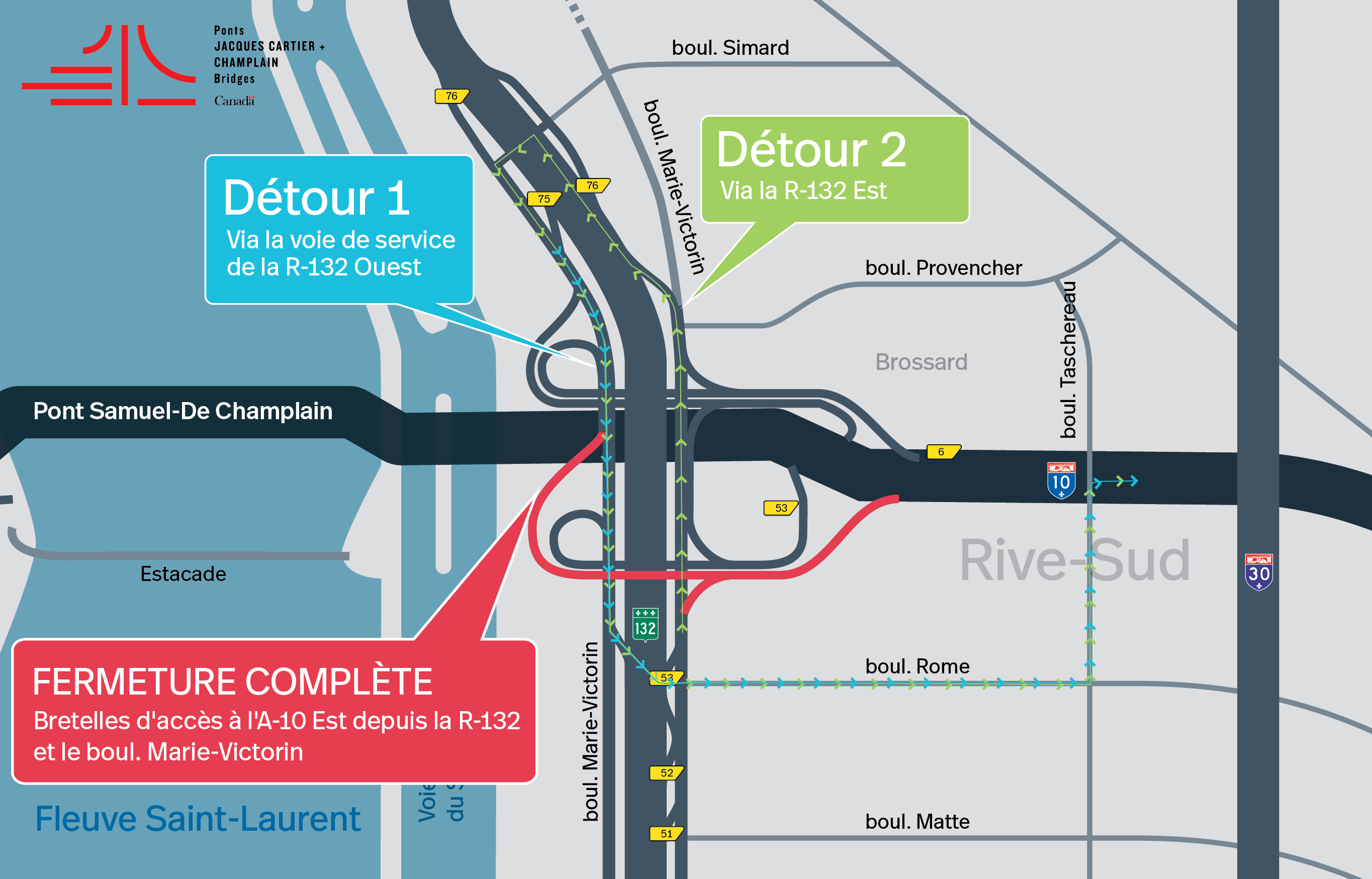 Secteur Brossard | Fermeture complète de nuit des bretelles d'accès à l'A-10 Est depuis la R-132 et le boul. Marie-Victorin et de la sortie 6 en direction de la Rive-Sud les 15 et 16 juillet