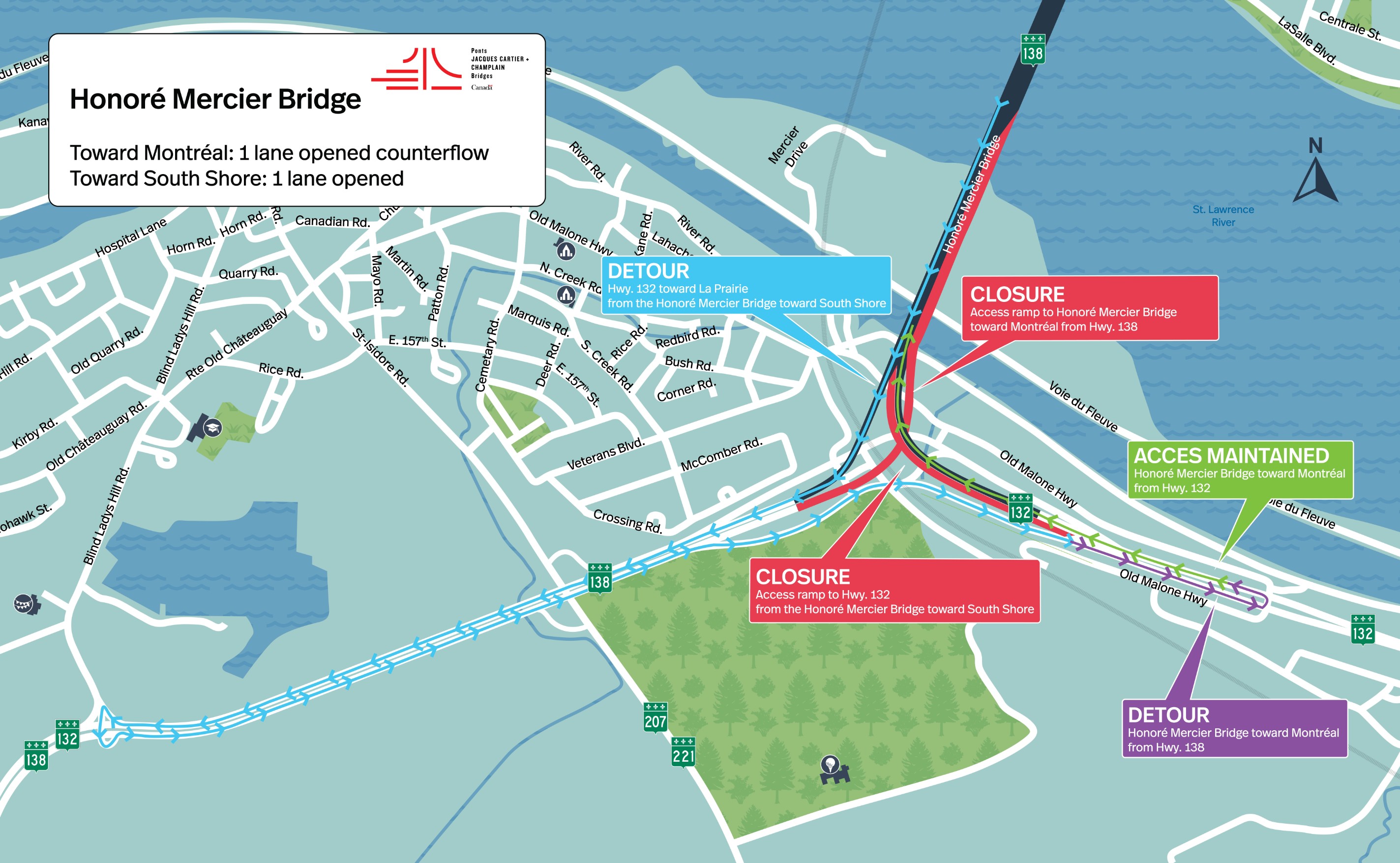 WORK CANCELED: Honoré Mercier Bridge - AVOID THE AREA | Major work blitz - Complete closure of access and exit ramps to the Honoré Mercier Bridge and one lane per direction from August 8 to 11