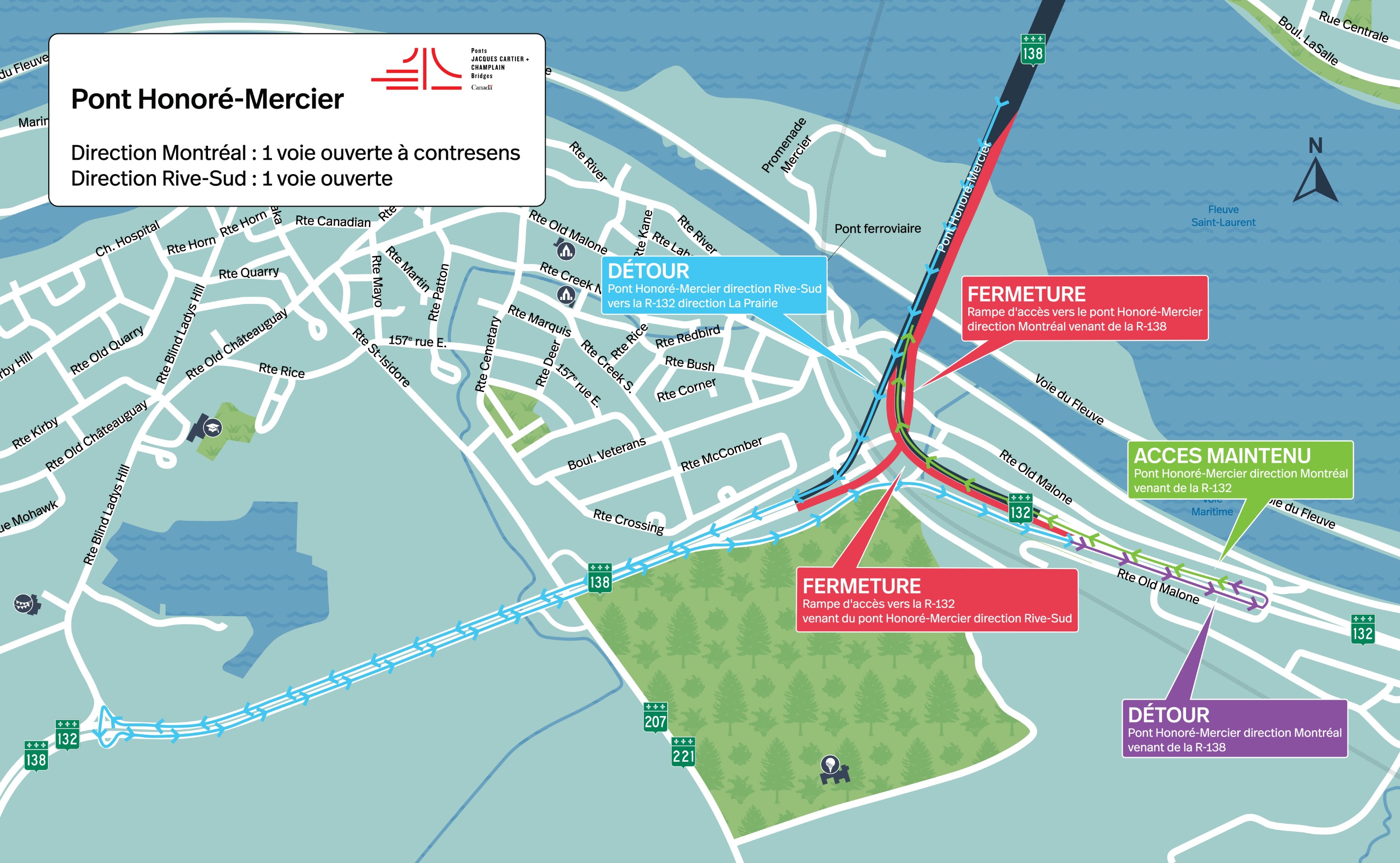TRAVAUX ANNULÉS : Pont Honoré-Mercier - ÉVITEZ LE SECTEUR | Blitz de travaux majeur - Fermeture complète de bretelles d'accès et de sortie du pont Honoré-Mercier et une voie par direction du 8 au 11 août