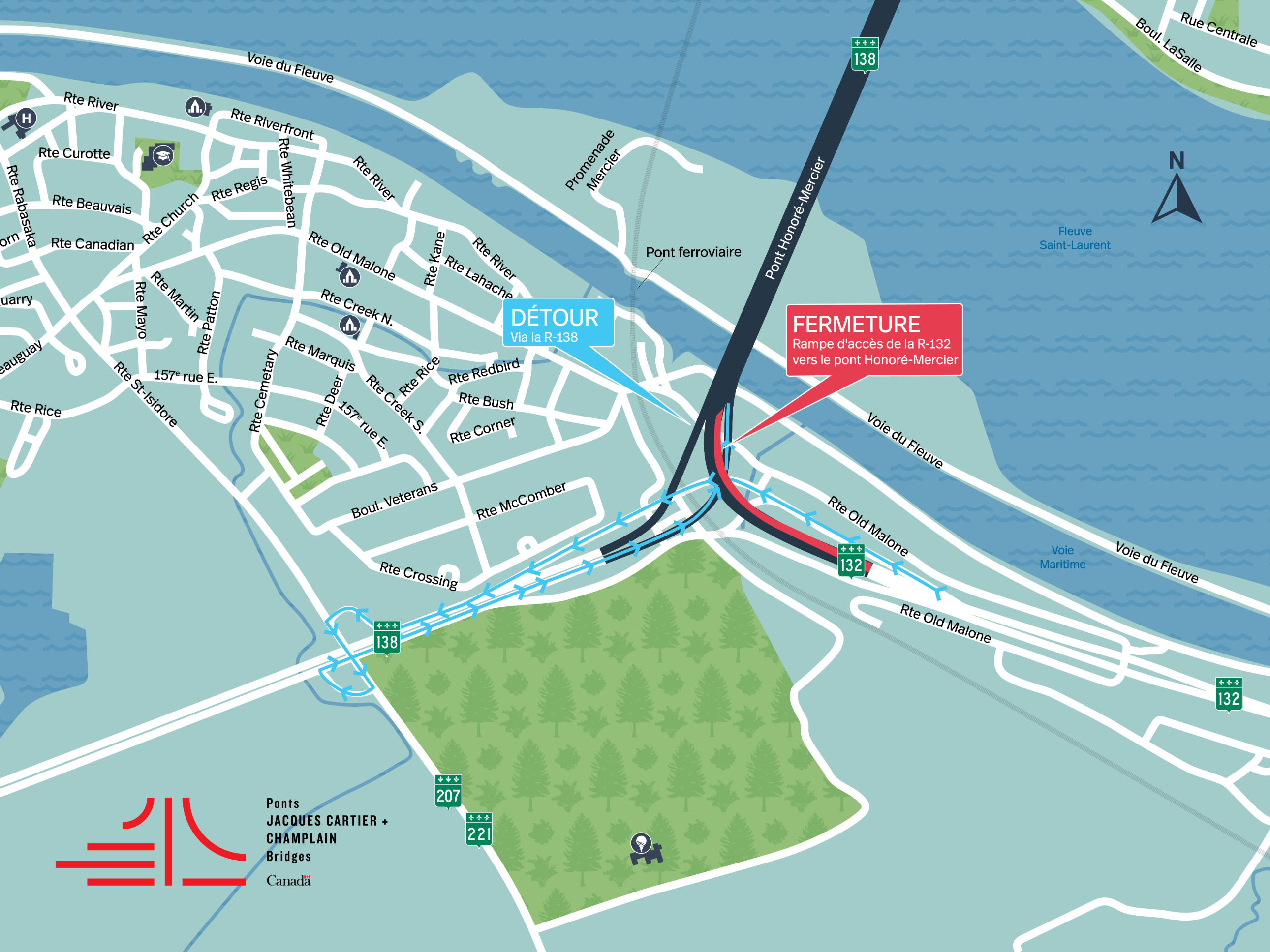 Pont Honoré-Mercier | Fermeture complète de nuit, direction Montréal, de la rampe d'accès de la R-138 Est le 6 août, et de la rampe d'accès de la R-132 Ouest le 7 août
