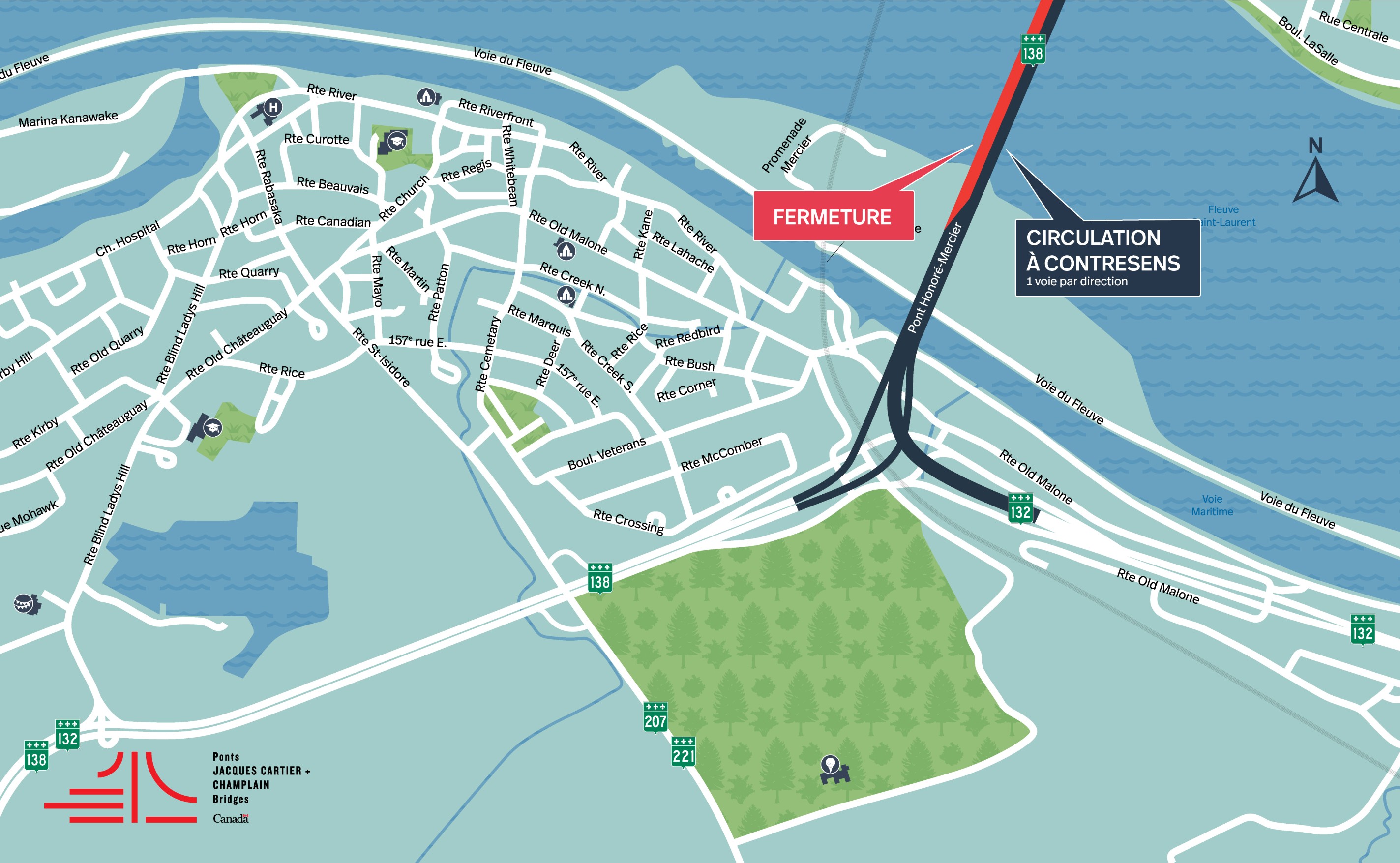 Pont Honoré-Mercier | Circulation à contresens sur la partie centrale du pont du 22 au 25 août