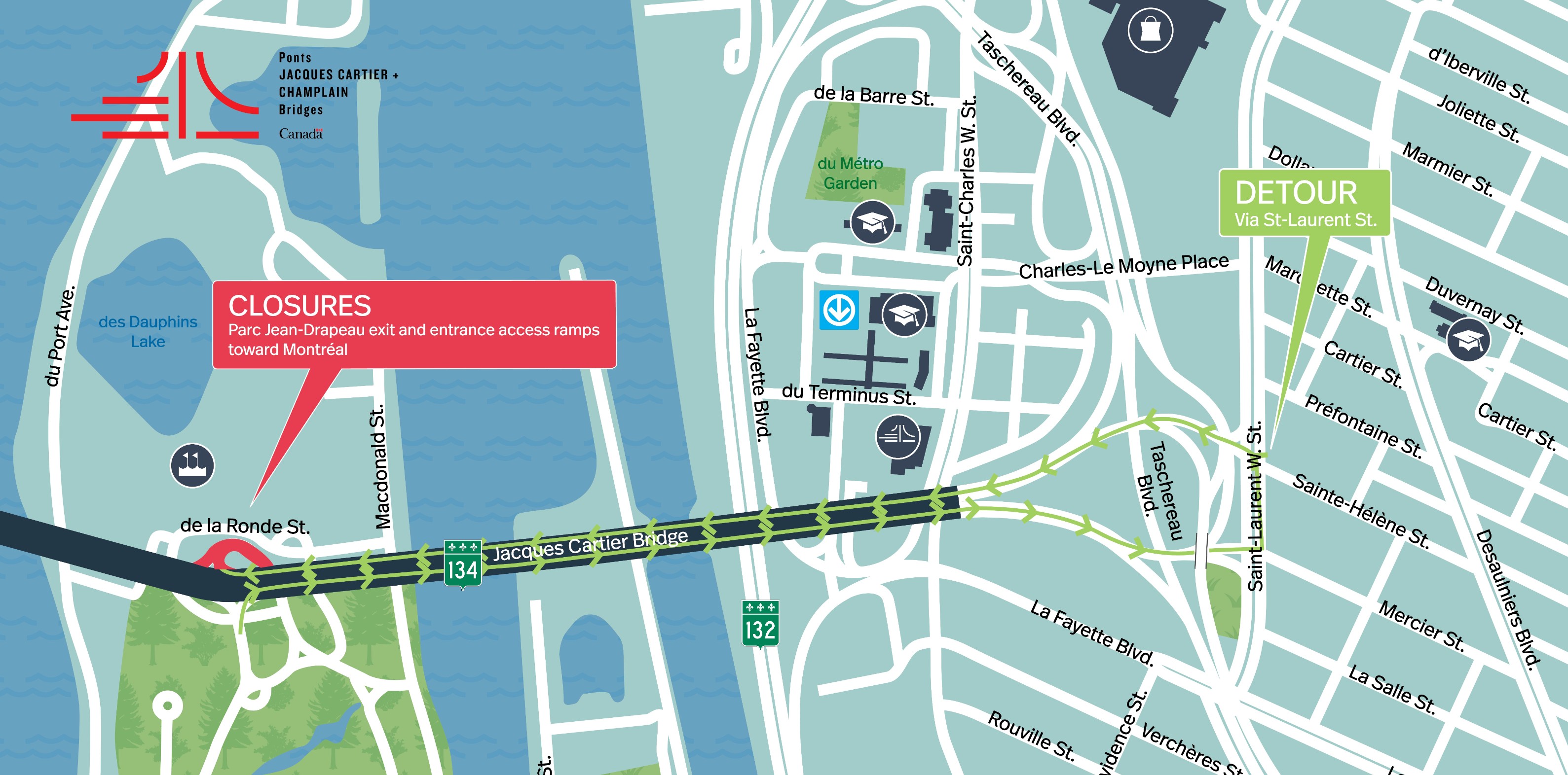 Jacques Cartier Bridge | Complete night closure of the Parc Jean-Drapeau ramp toward Montreal on September 1, 2, 3 and 4