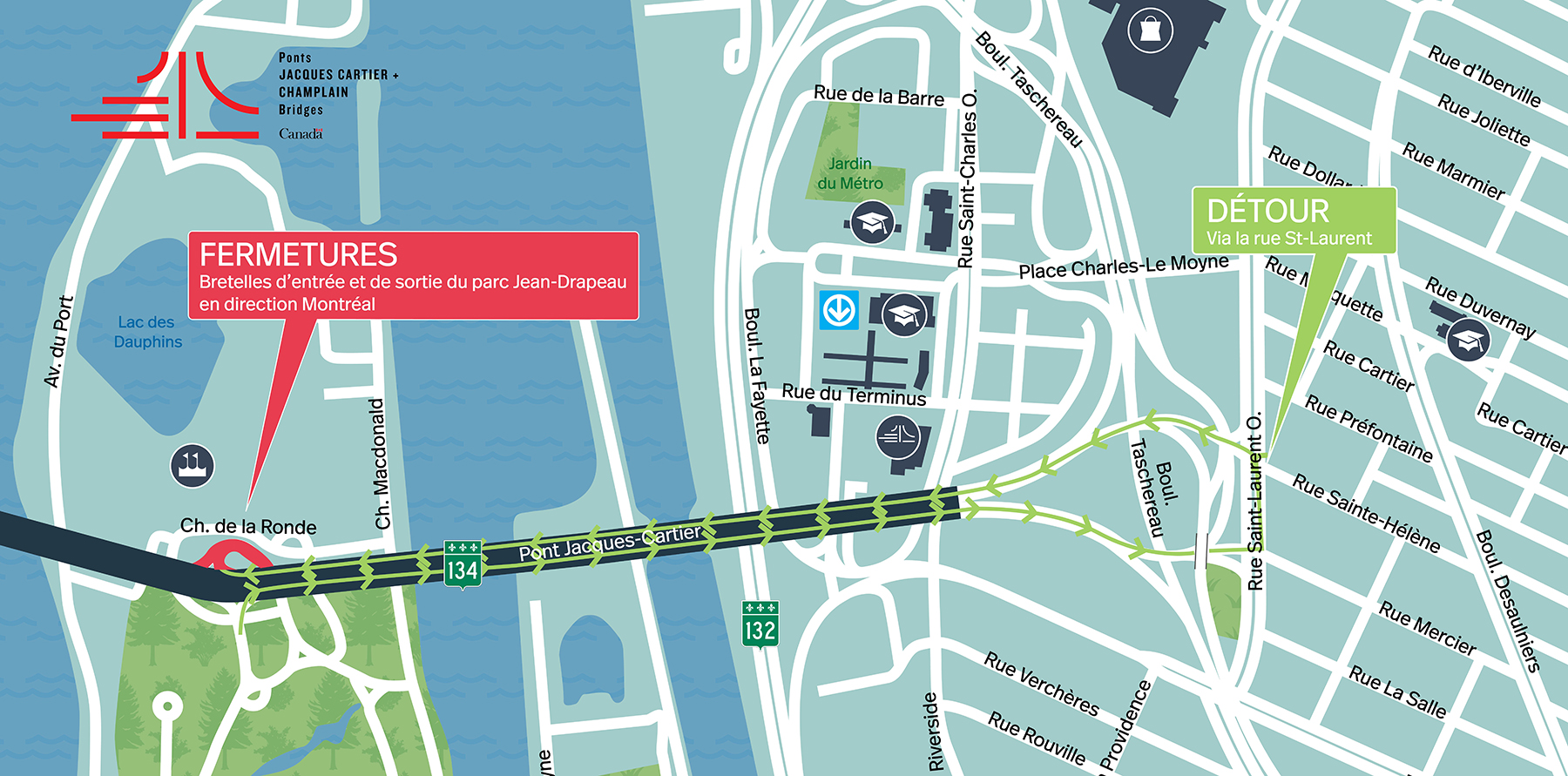 Pont Jacques-Cartier | Fermeture complète de nuit de la bretelle du parc Jean-Drapeau en direction Montréal, les 1er, 2, 3 et 4 septembre