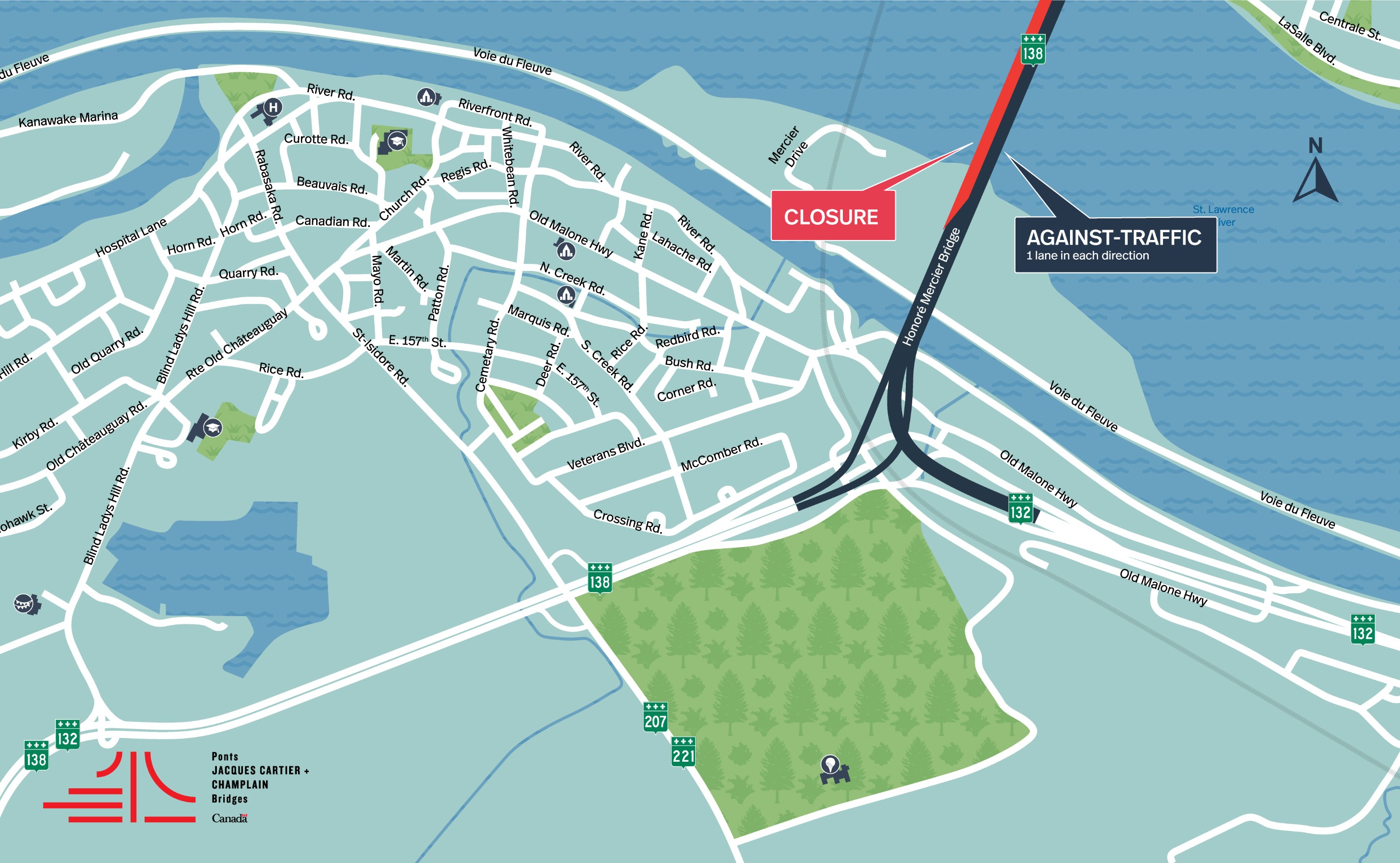Honoré Mercier Bridge | One lane open against-traffic on the central section of the Bridge from August 29 to September 1
