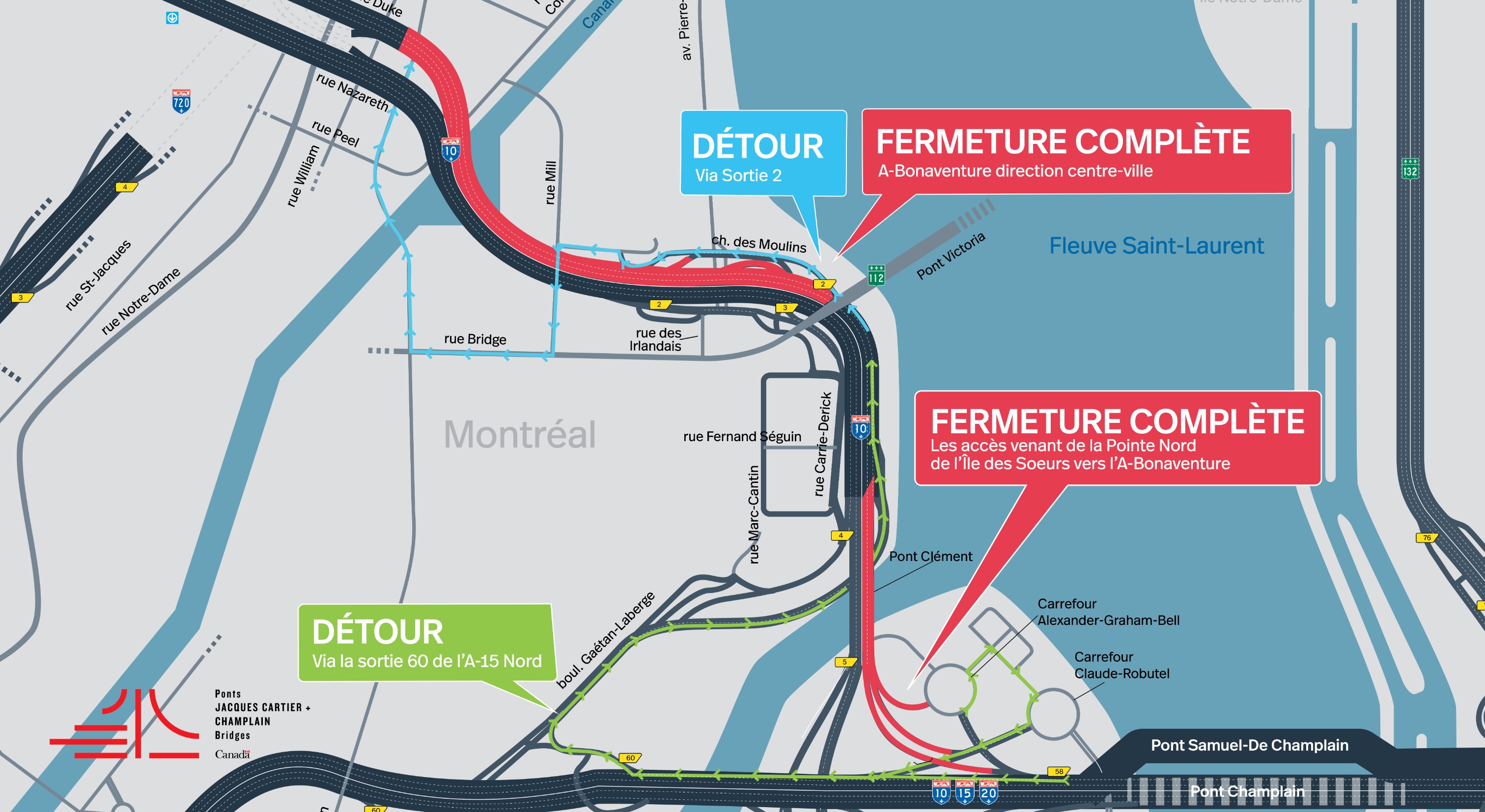 A-Bonaventure | Fermetures de nuit des accès en direction du centre-ville et d’une portion de l'autoroute dans les deux directions